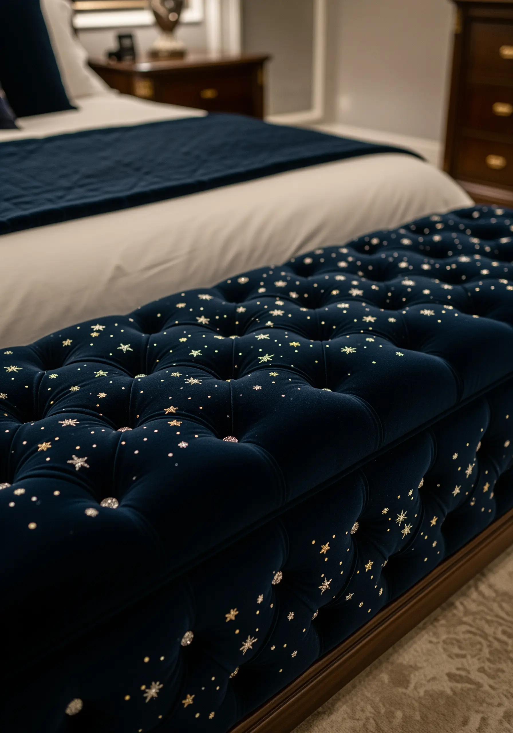 Small embroidered gold and silver stars scattered across a tufted navy velvet bench.