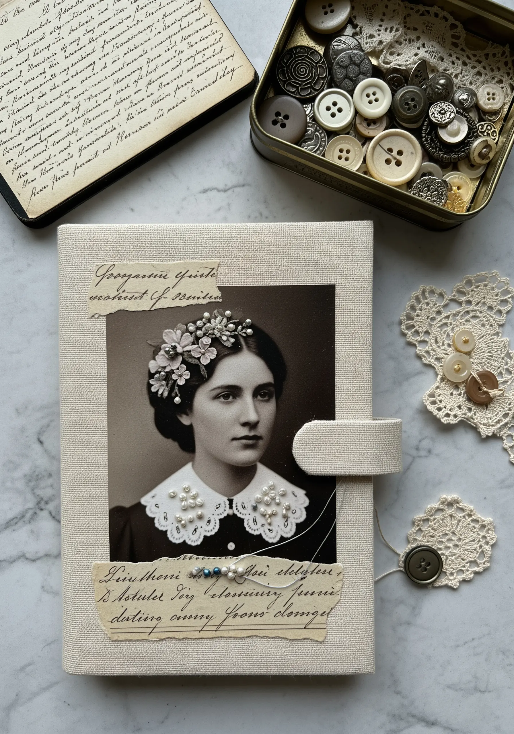 Vintage photograph on a journal cover with hand-embroidered flowers and pearl beads in the subject's hair.