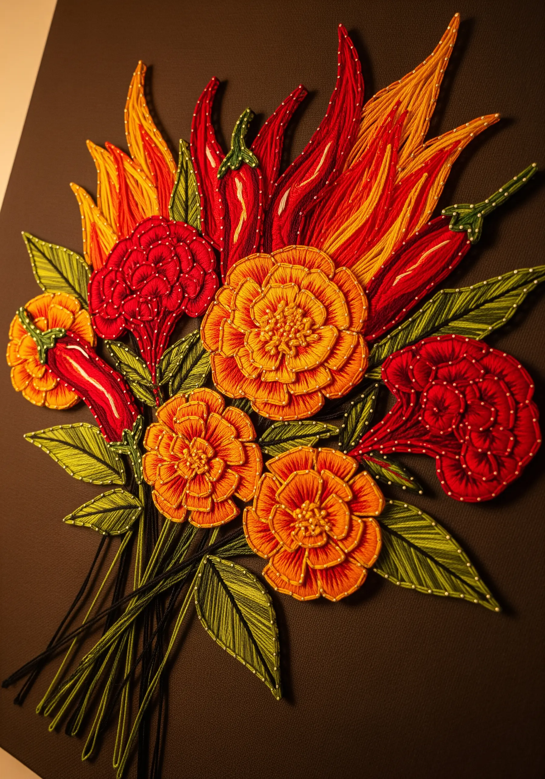 A fiery bouquet of embroidered marigolds, chili peppers, and cockscomb flowers in warm tones.