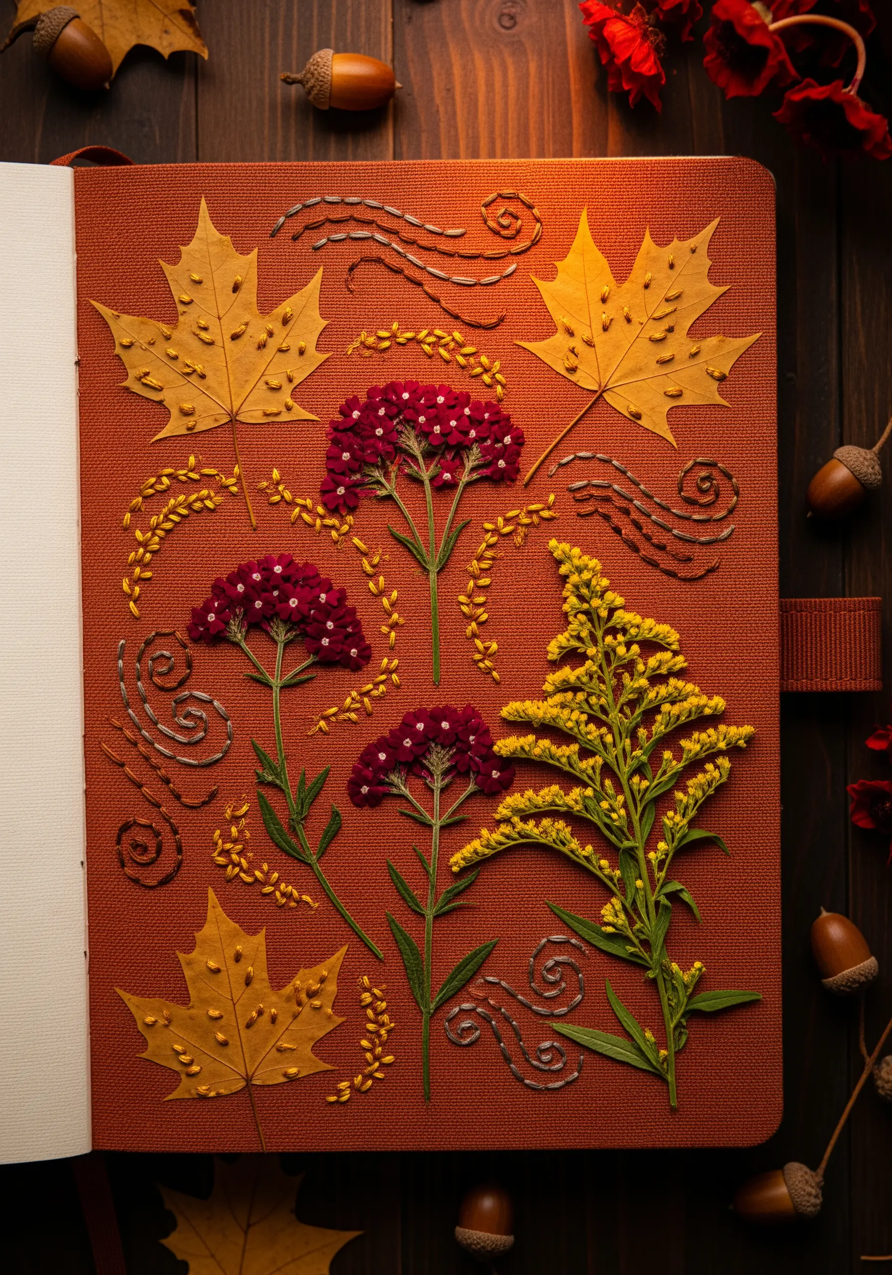 Pressed autumn leaves and flowers surrounded by dynamic, swirling embroidery stitches.