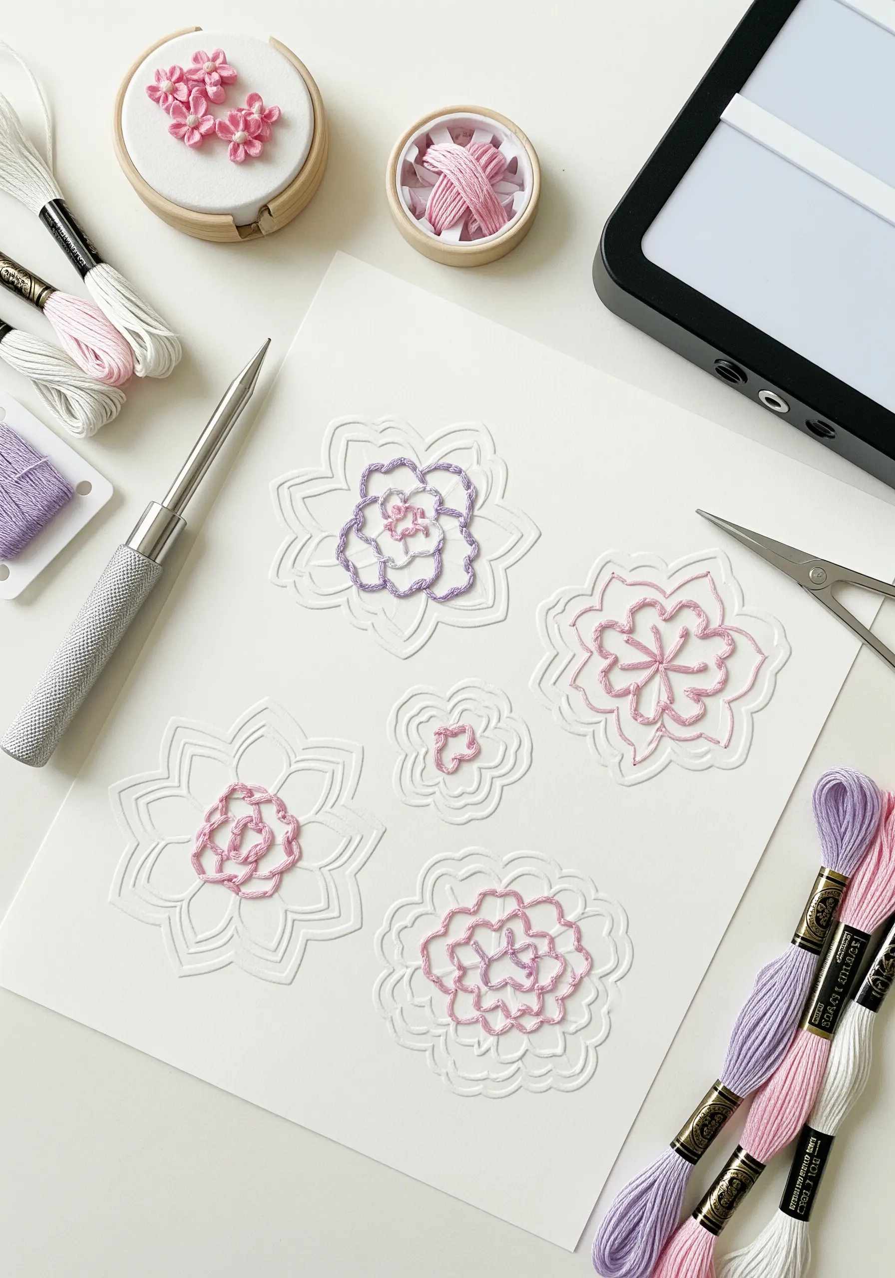 Pastel floral satin stitch on embossed white paper