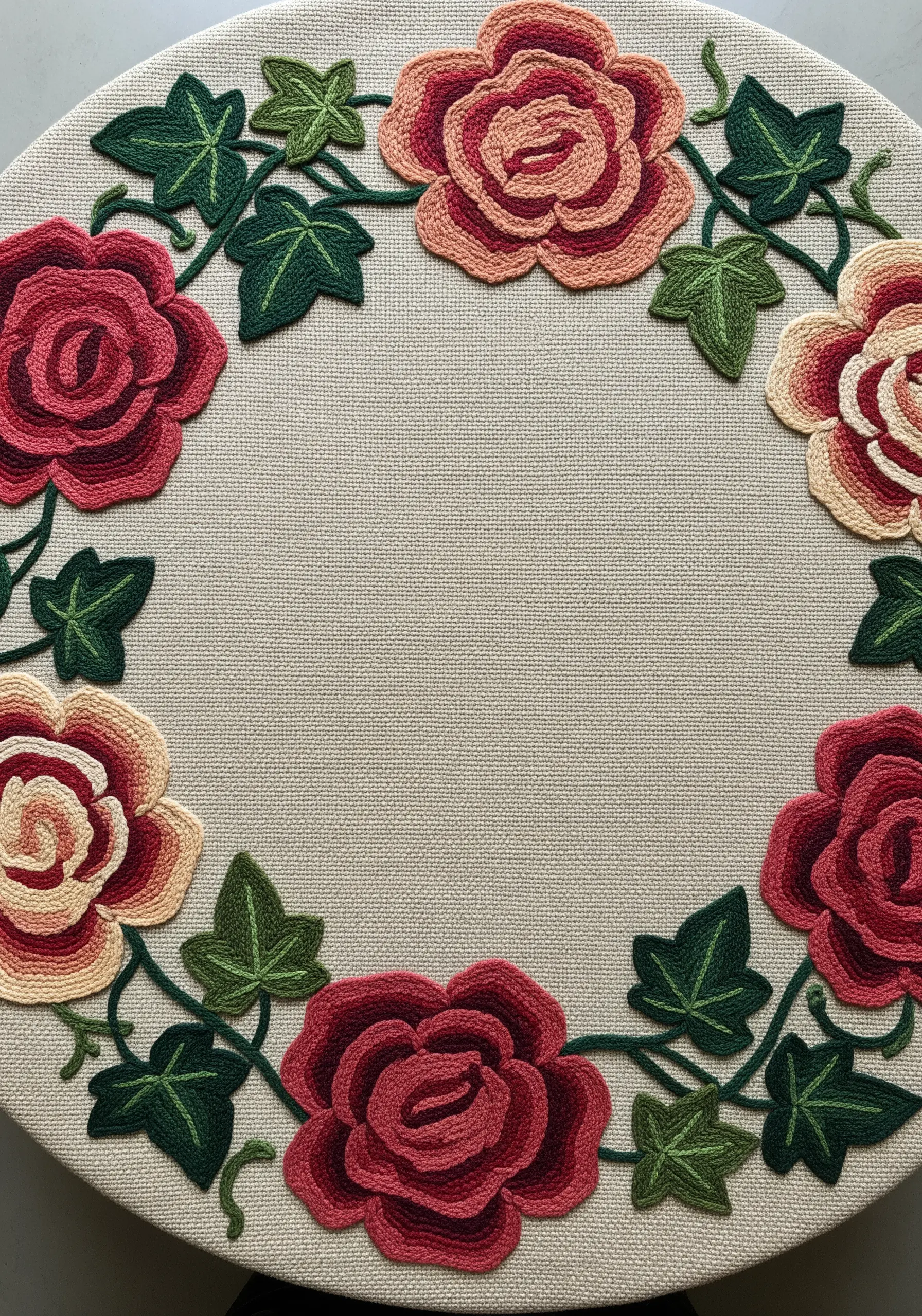 A folk-art style wreath with stylized, graphic roses and ivy in bold, flat colors.