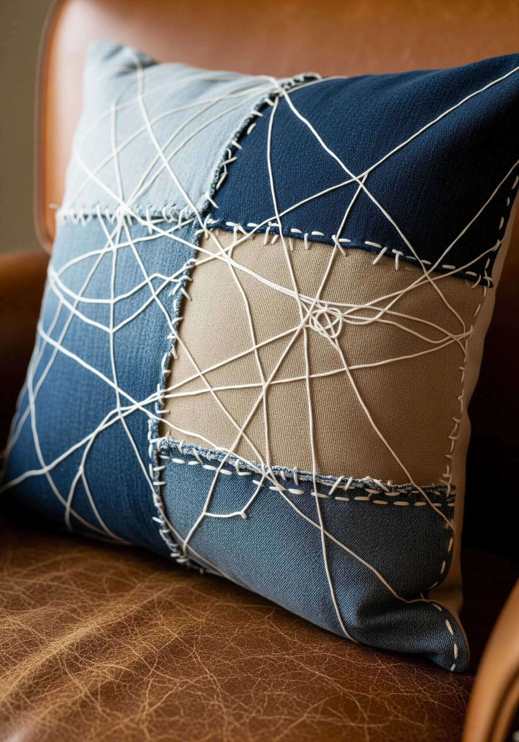 A patchwork pillow made of denim and linen with visible white running stitches and abstract lines.