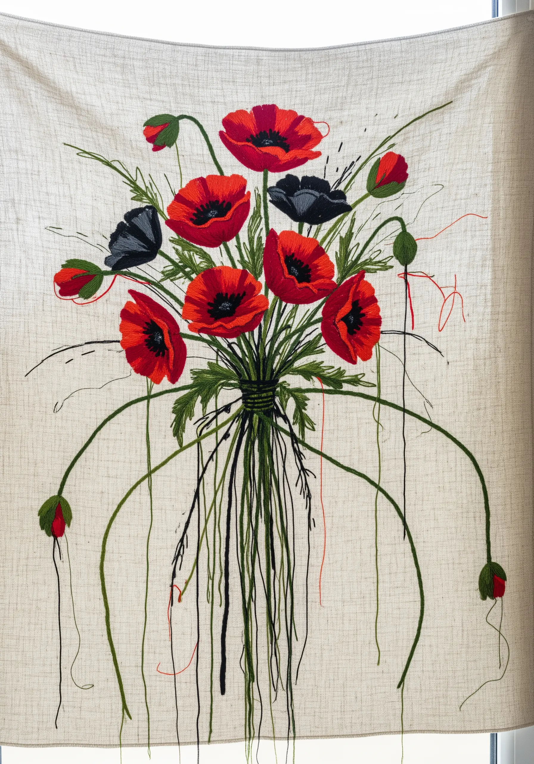 An expressive bouquet of embroidered poppies with long, trailing threads on linen fabric.