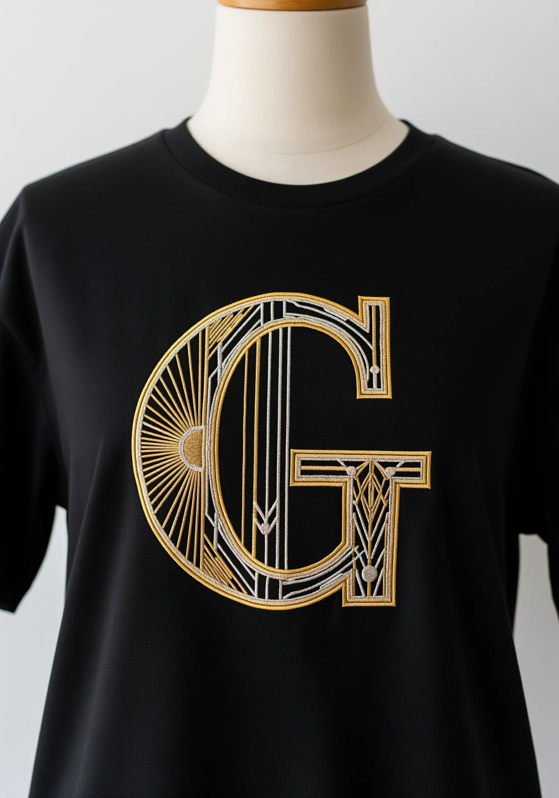An Art Deco style letter 'G' embroidered in gold, silver, and white thread on a black t-shirt.