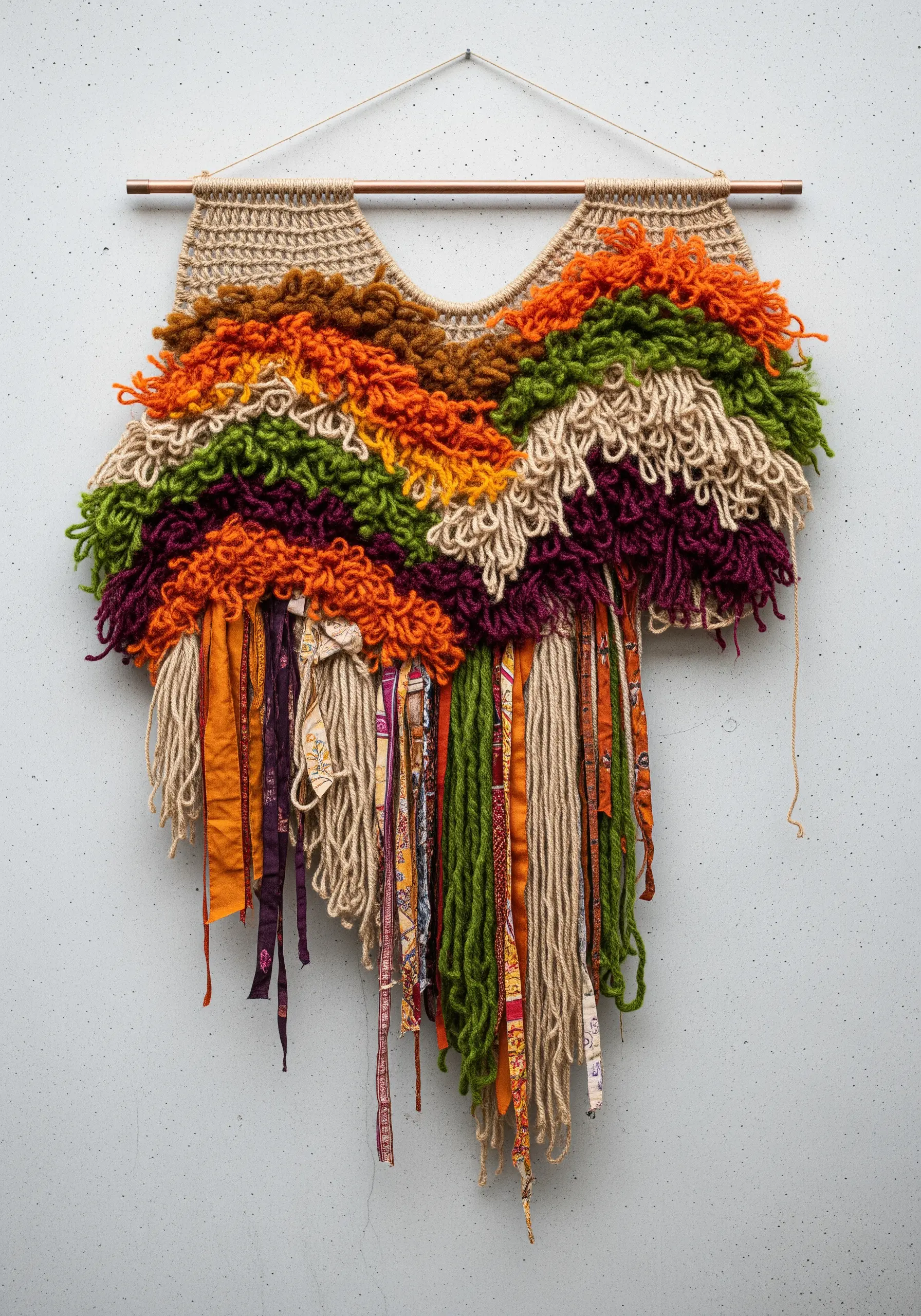Bohemian shaggy yarn tapestry with mixed textures and an asymmetrical, organic shape.