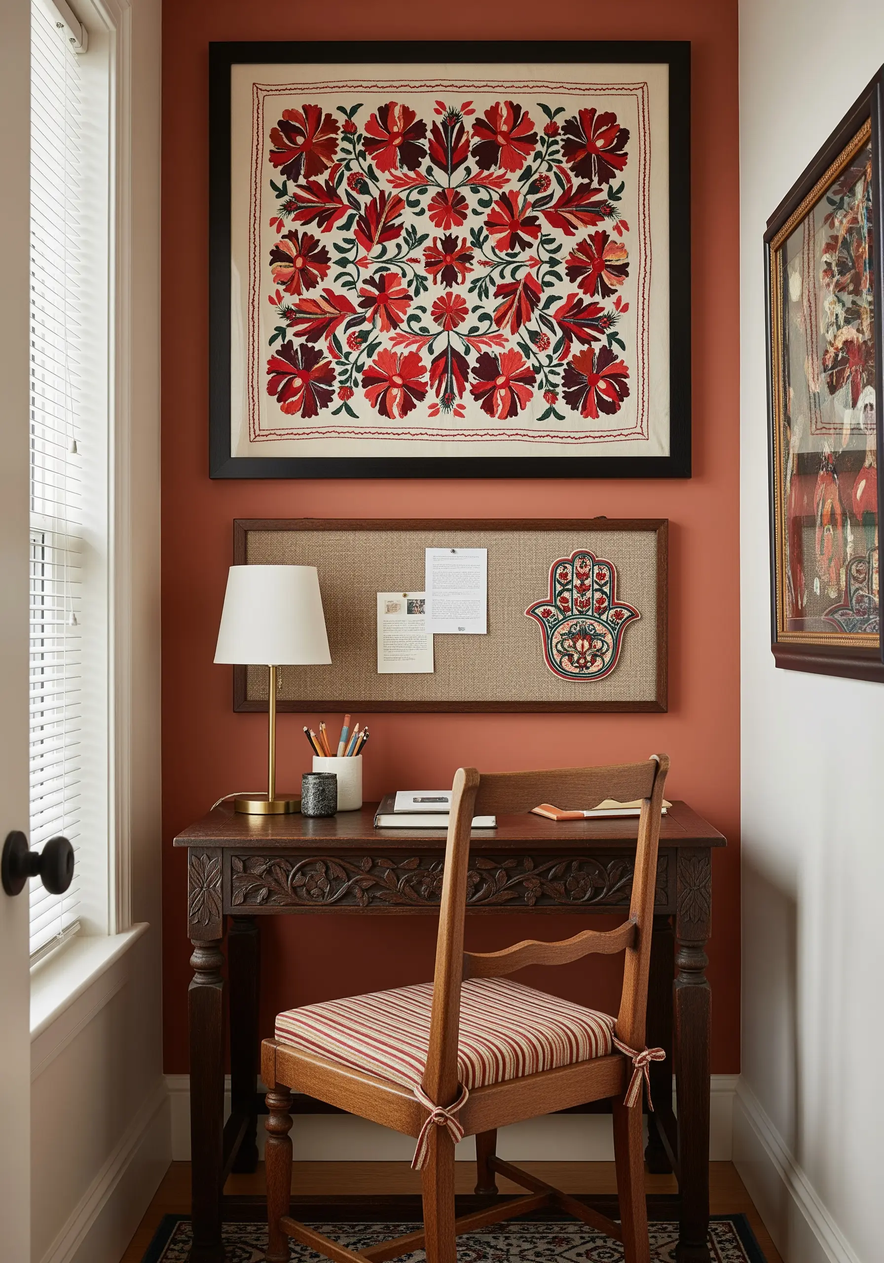 A large framed piece of Suzani-style embroidery with bold red and black floral motifs.