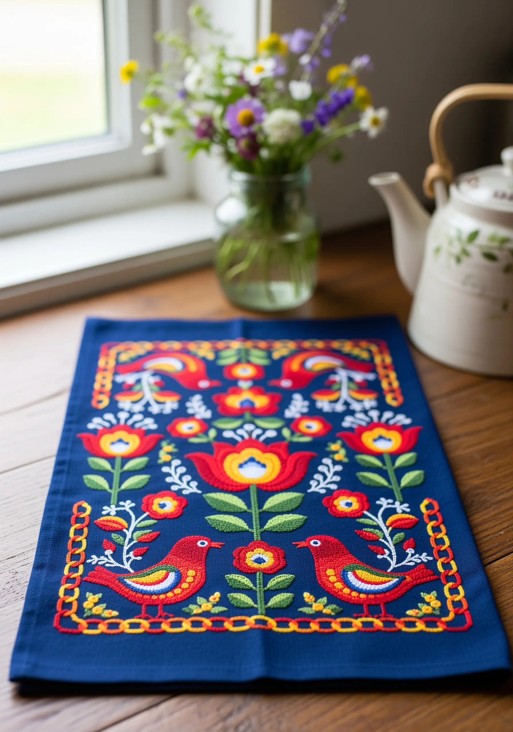 A vibrant folk art design with birds and flowers on a blue tea towel.