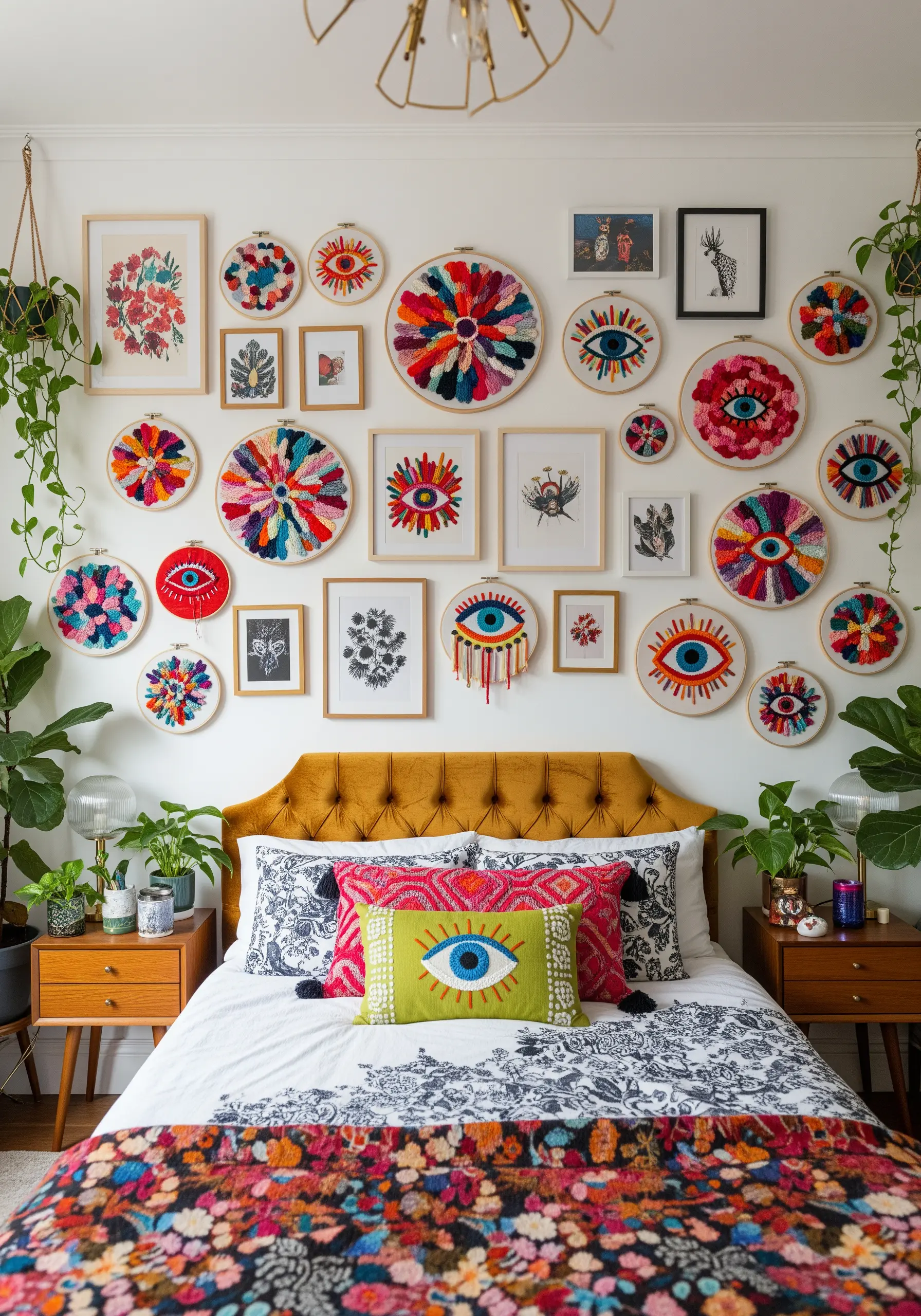 A maximalist gallery wall featuring colorful punch needle and embroidered eye motifs.