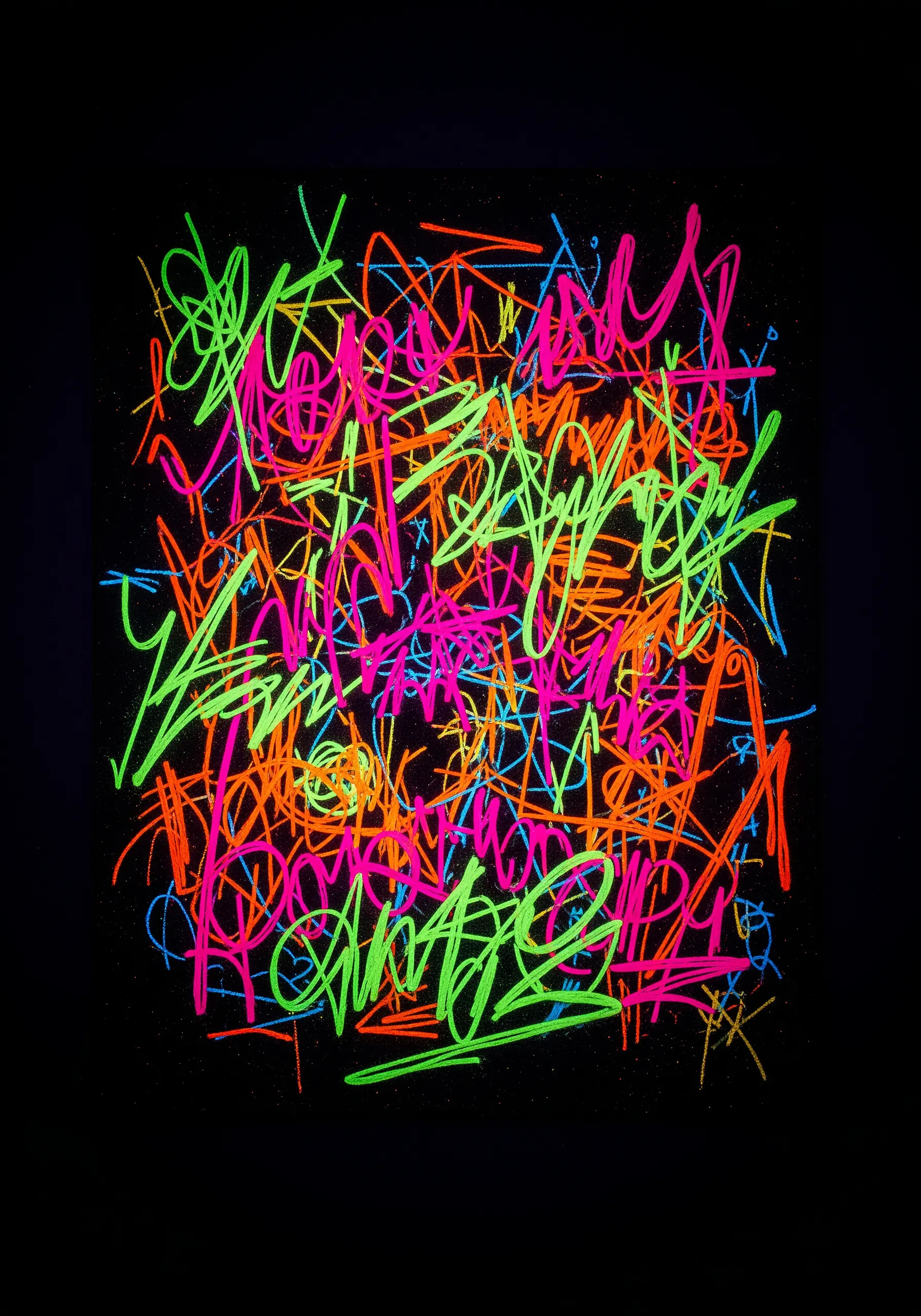 A chaotic explosion of abstract, graffiti-style stitches in multiple neon colors.