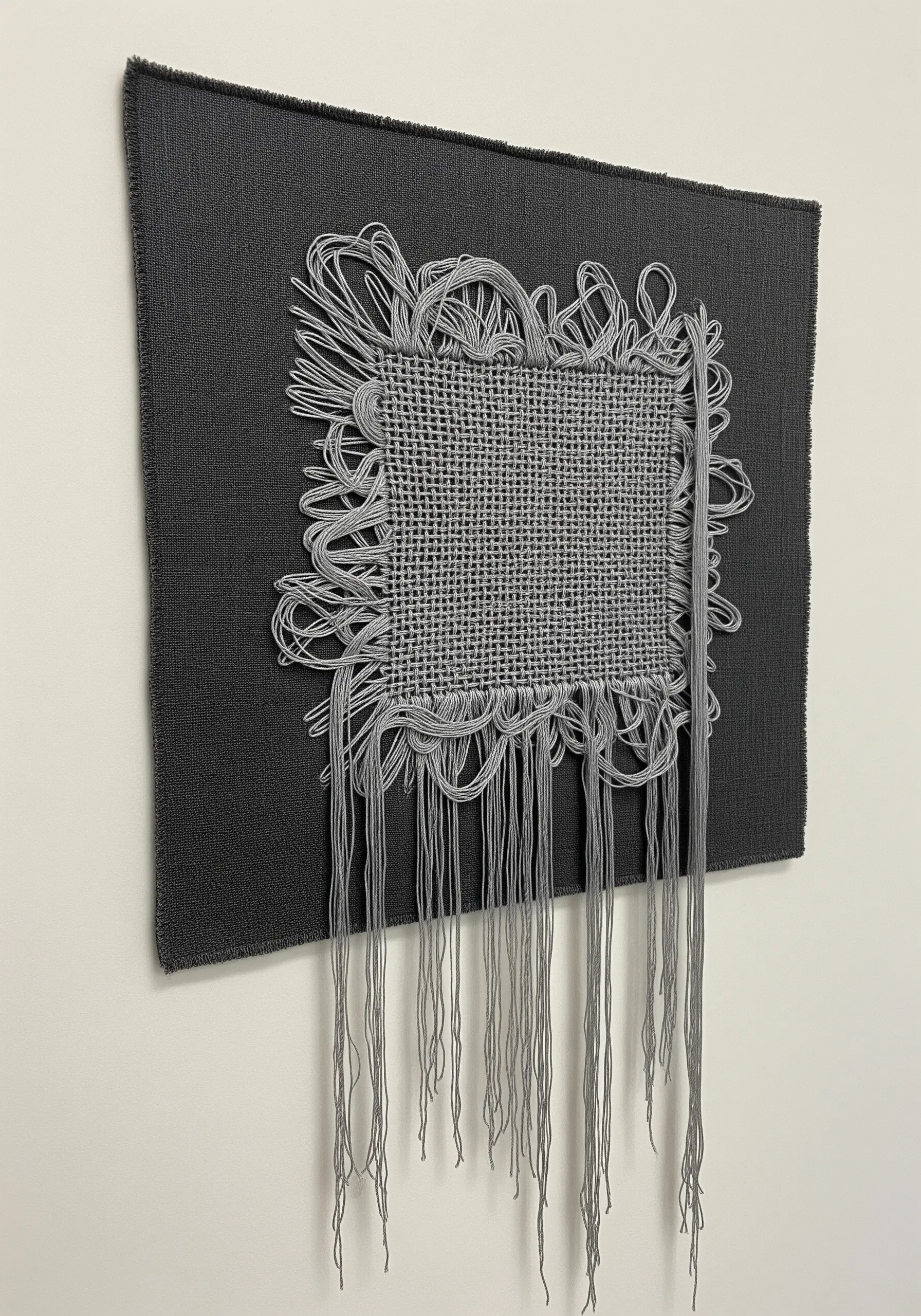 A square of woven grey thread on a dark canvas, with threads fraying and hanging loosely.