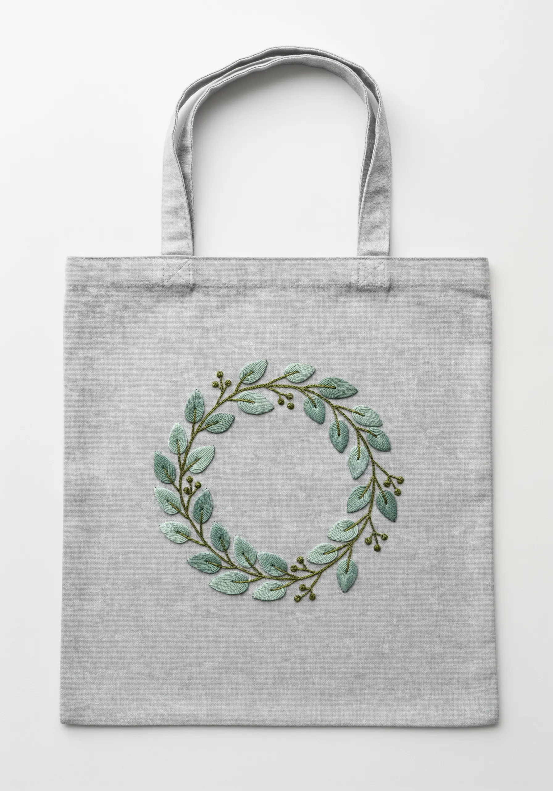 A minimalist eucalyptus wreath embroidered in muted green tones on a light grey tote bag.