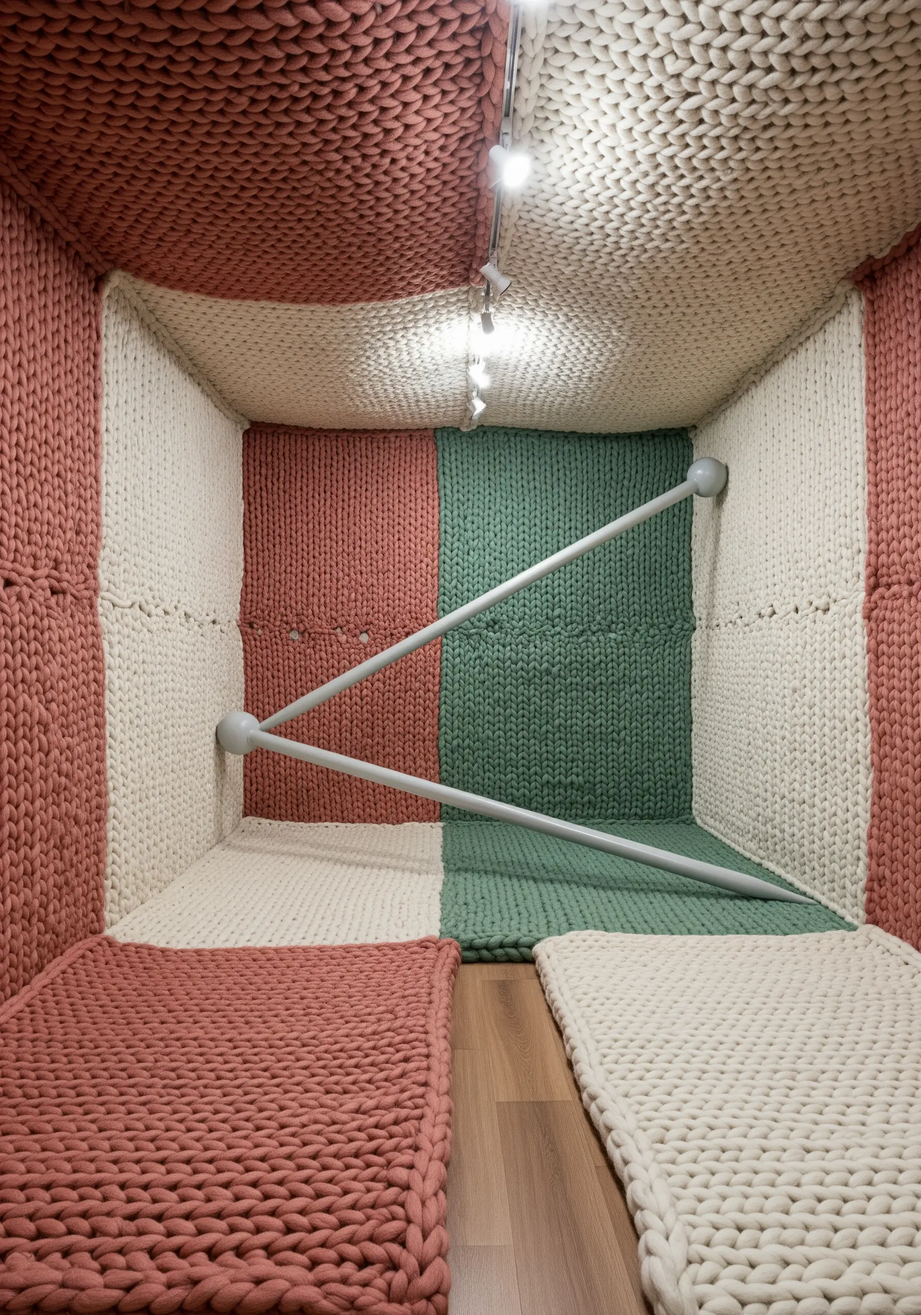 A room-like installation with walls and floor covered in giant, chunky knitting.