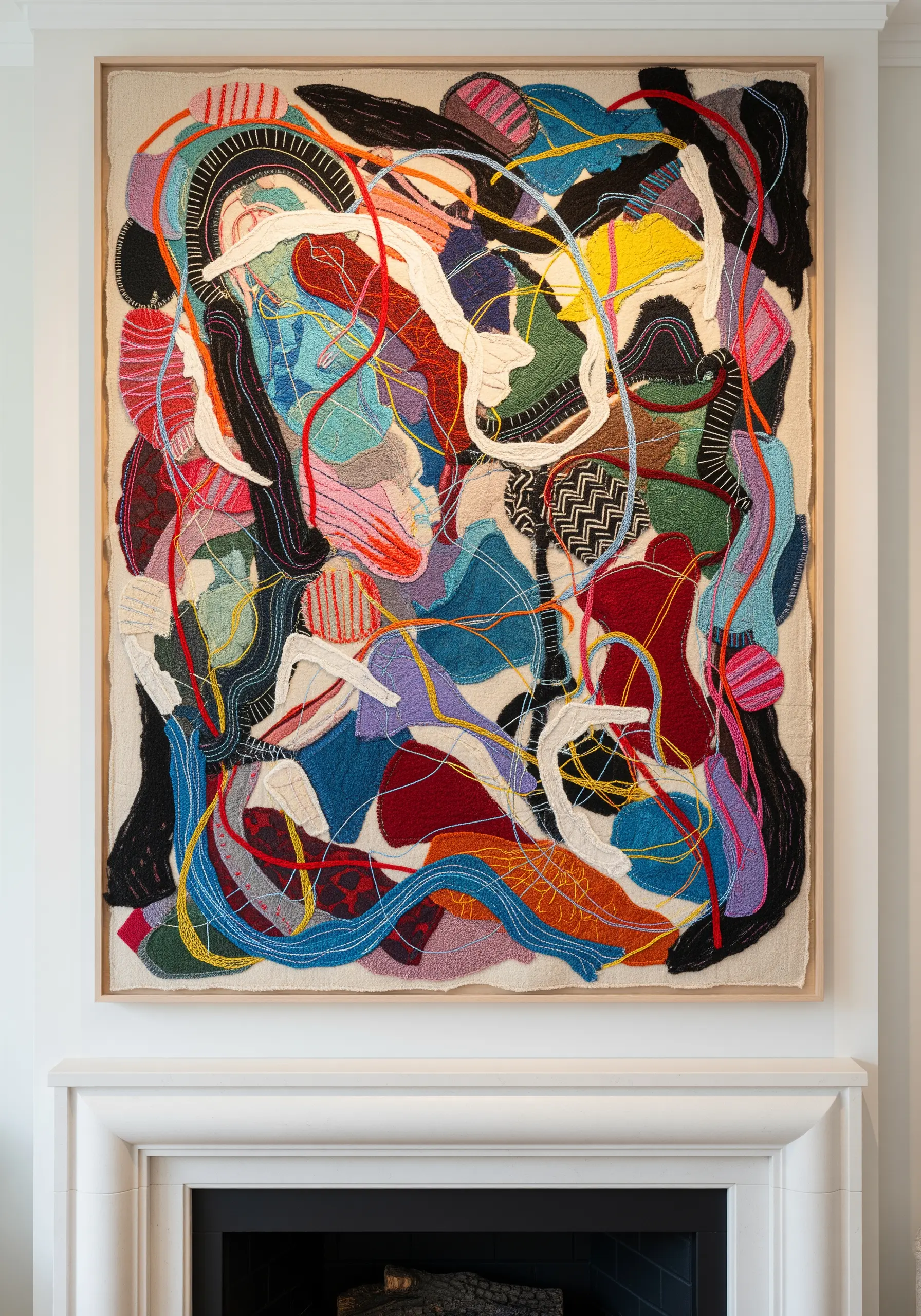 A large, abstract textile collage with freeform stitching and layered fabric pieces.