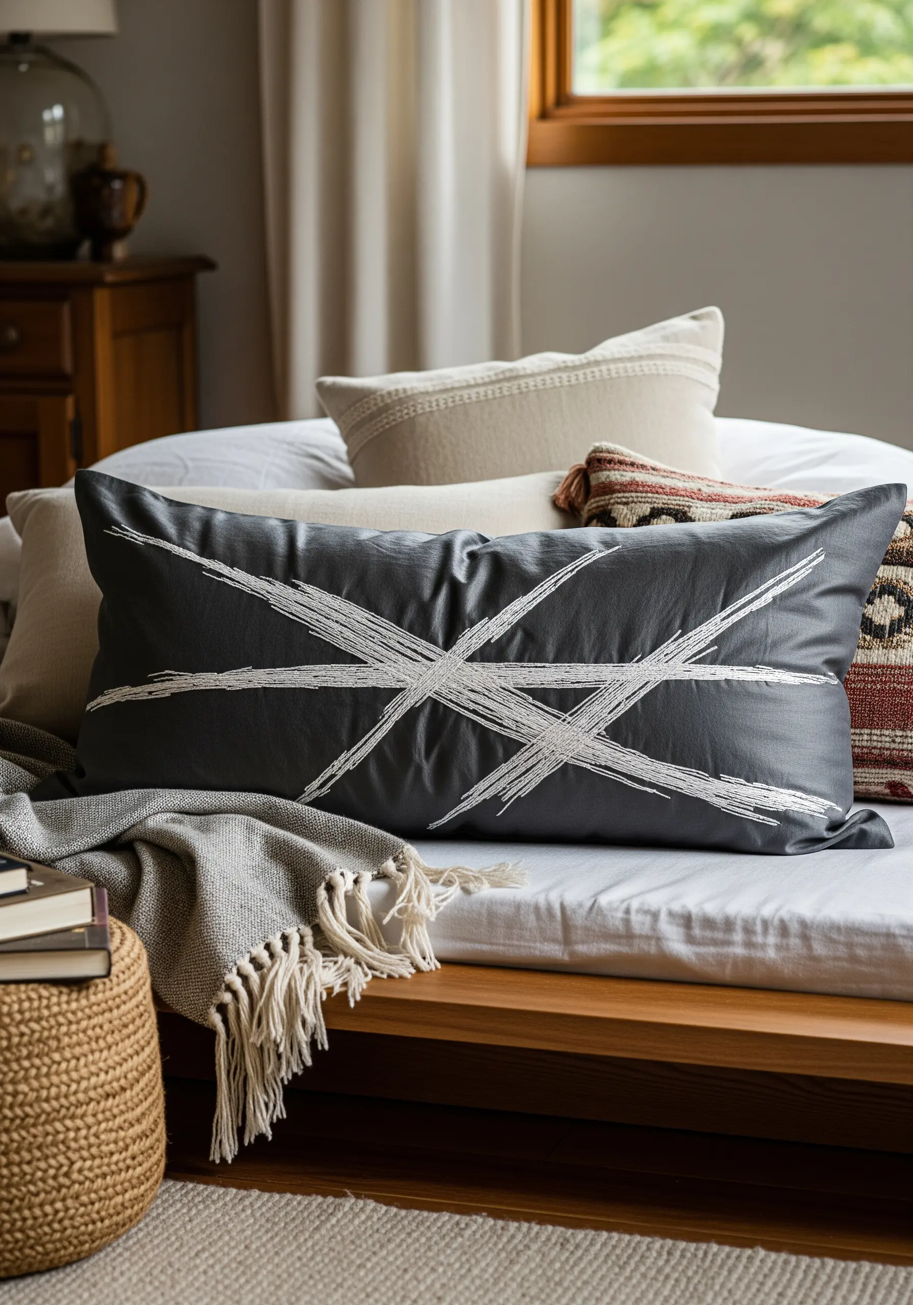 A dark grey pillow with an abstract, cross-hatched pattern in thick white thread.