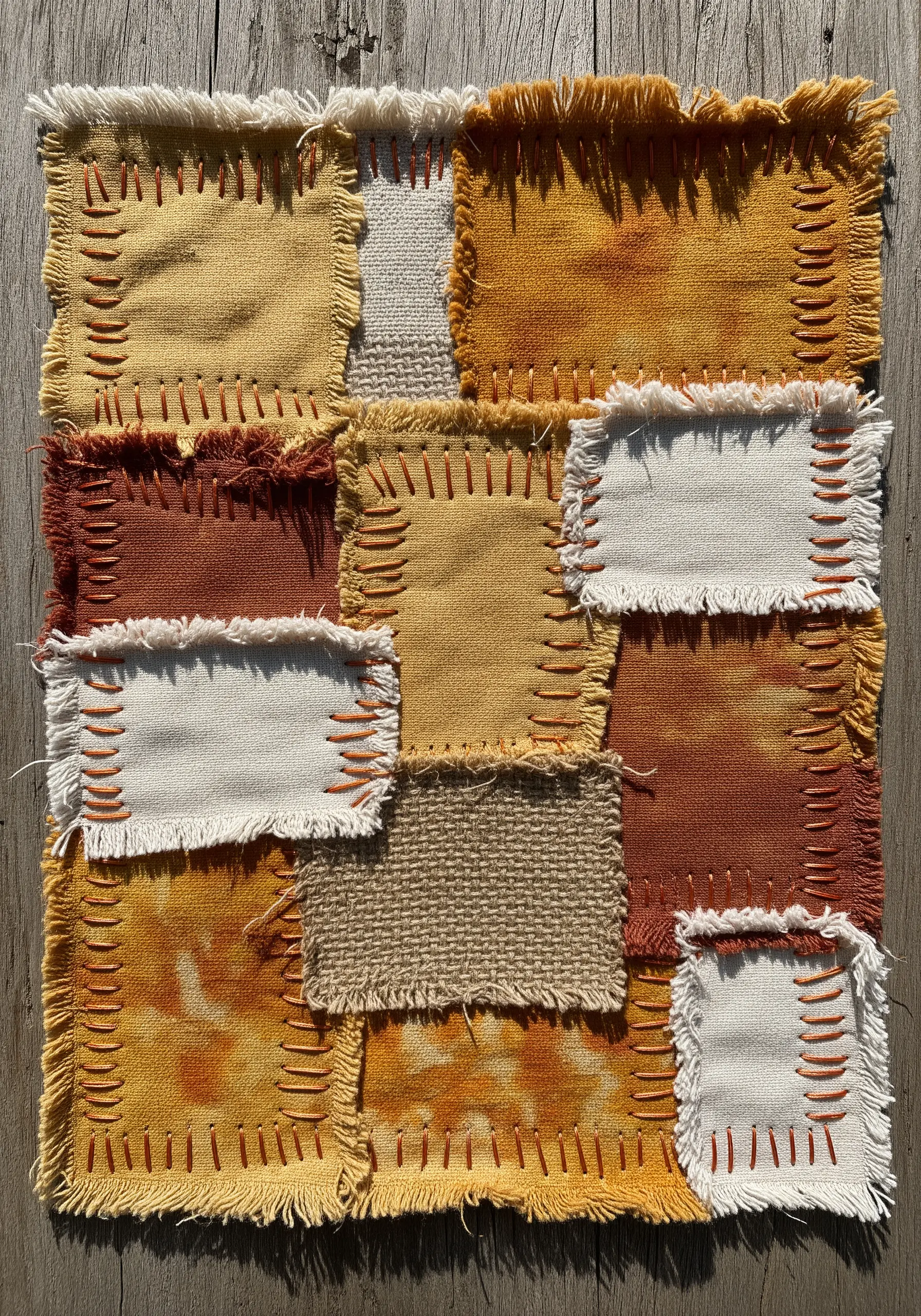 Earthy fabric collage with heavily frayed edges in yellow, rust, and cream, secured with orange whipstitch.