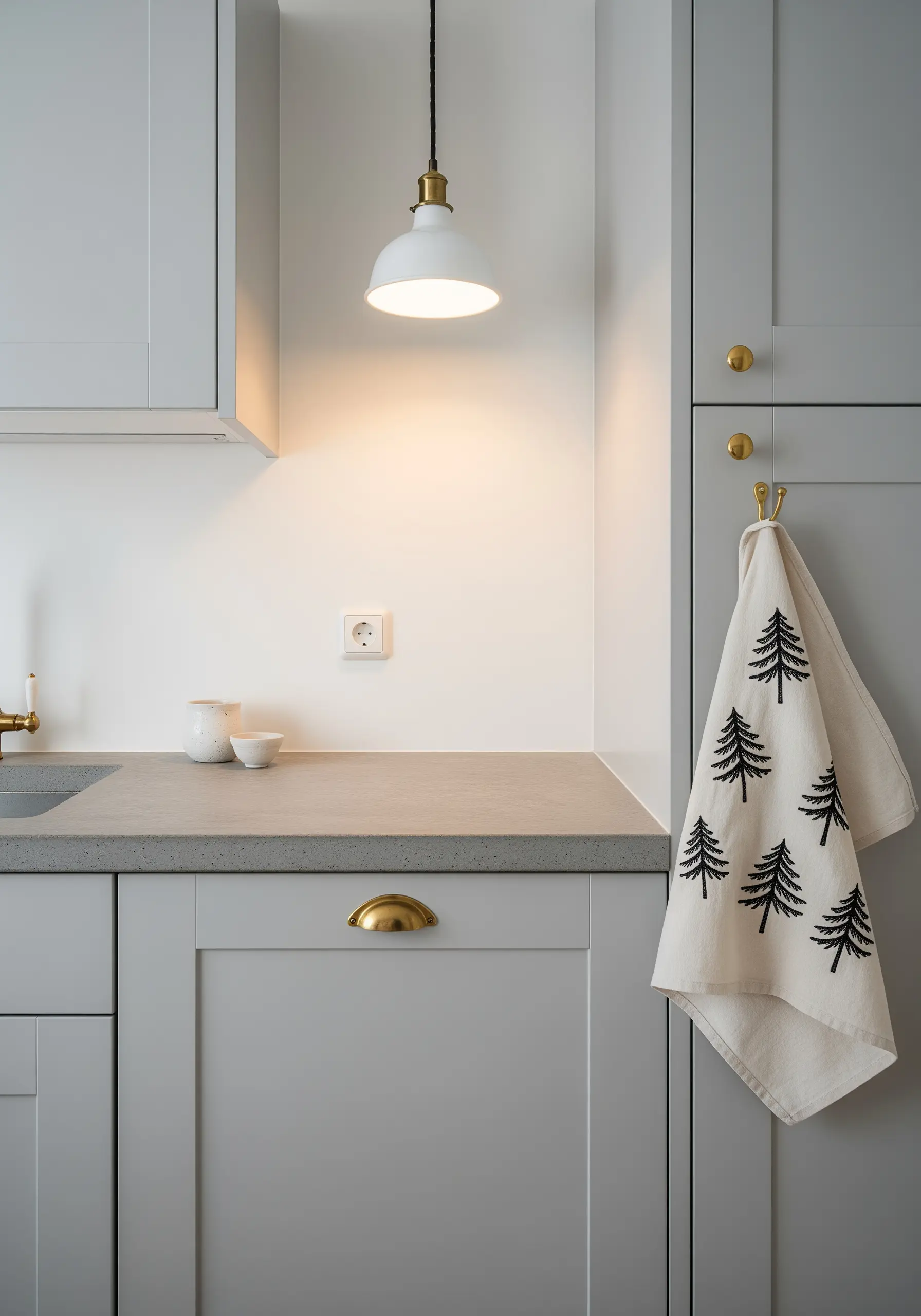 A repeating pattern of simple black line-art pine trees on a neutral linen towel.