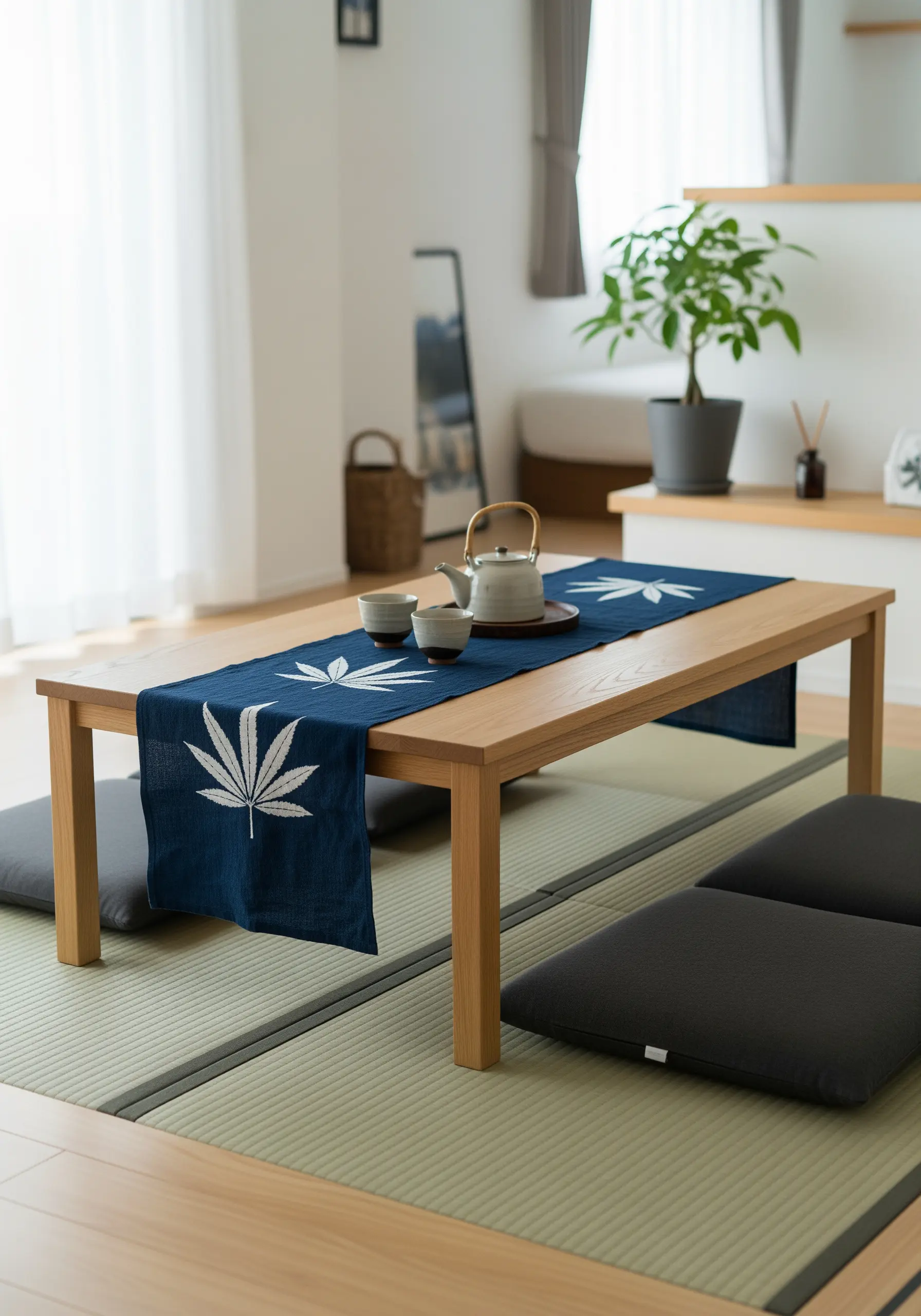 A bold white leaf silhouette embroidered on a dark indigo Japanese-style table runner