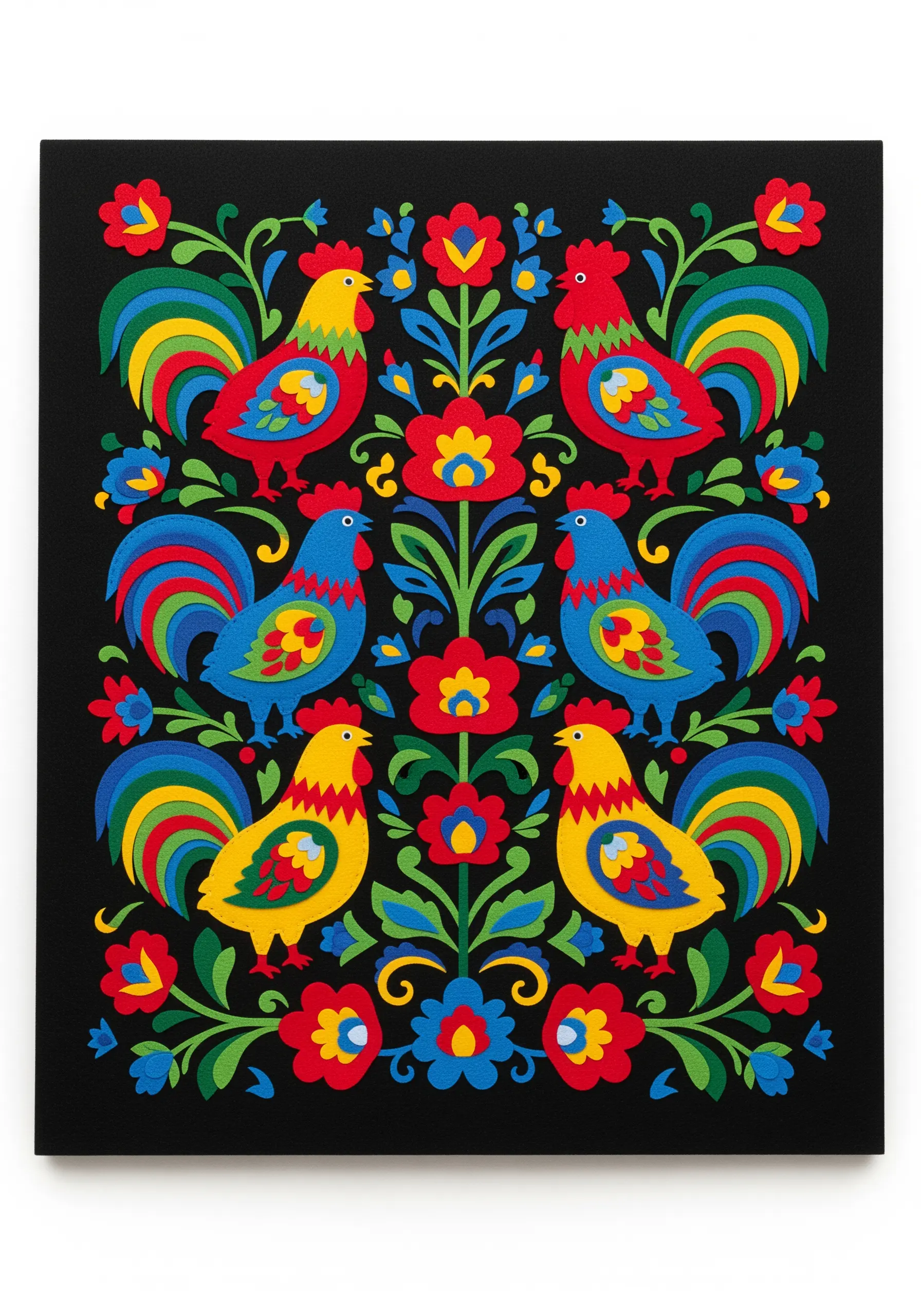 A Polish folk art design with four symmetrical roosters and floral motifs on a black background.