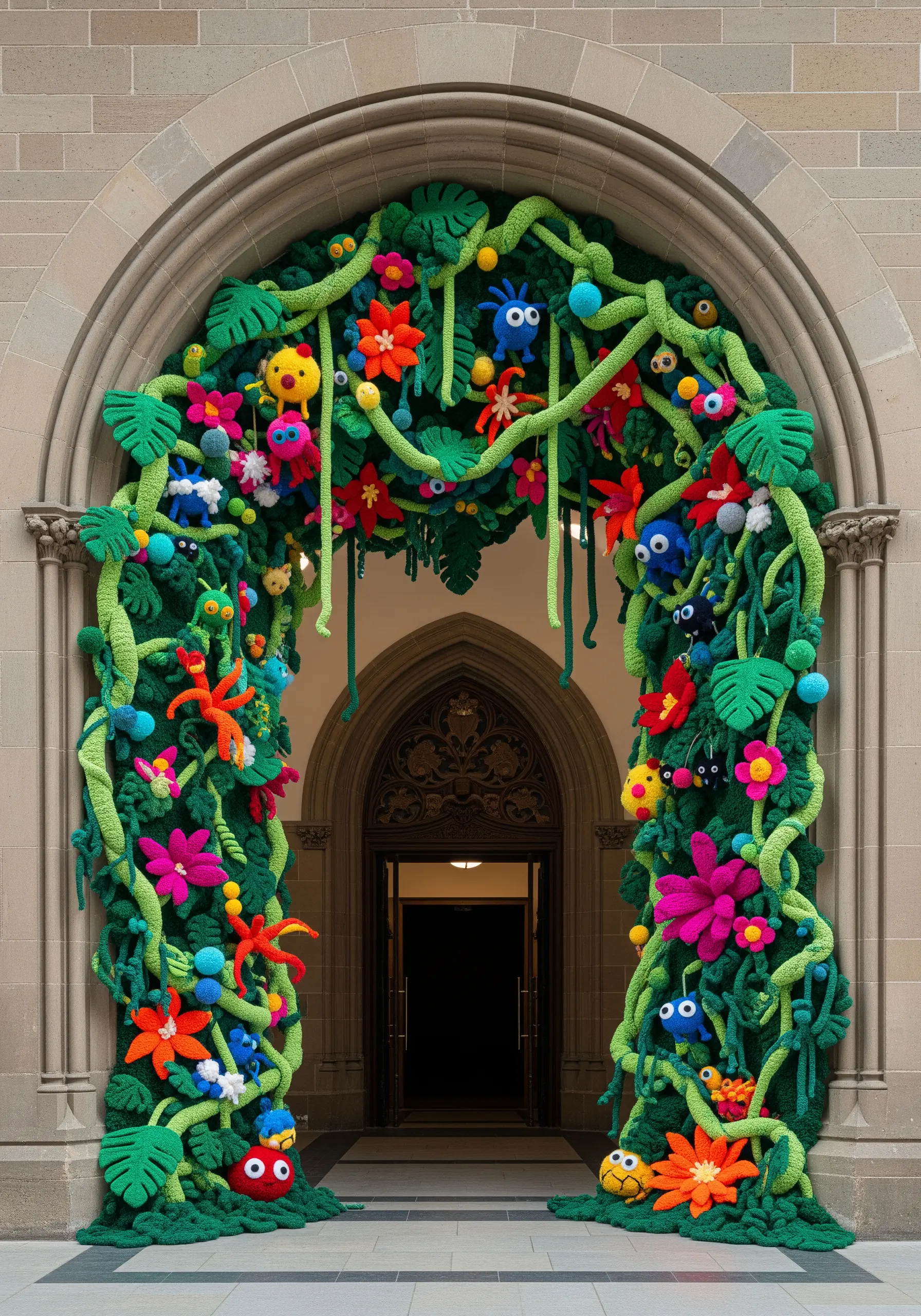 A stone archway covered in a dense jungle of green crochet vines, colorful flowers, and cute creatures.