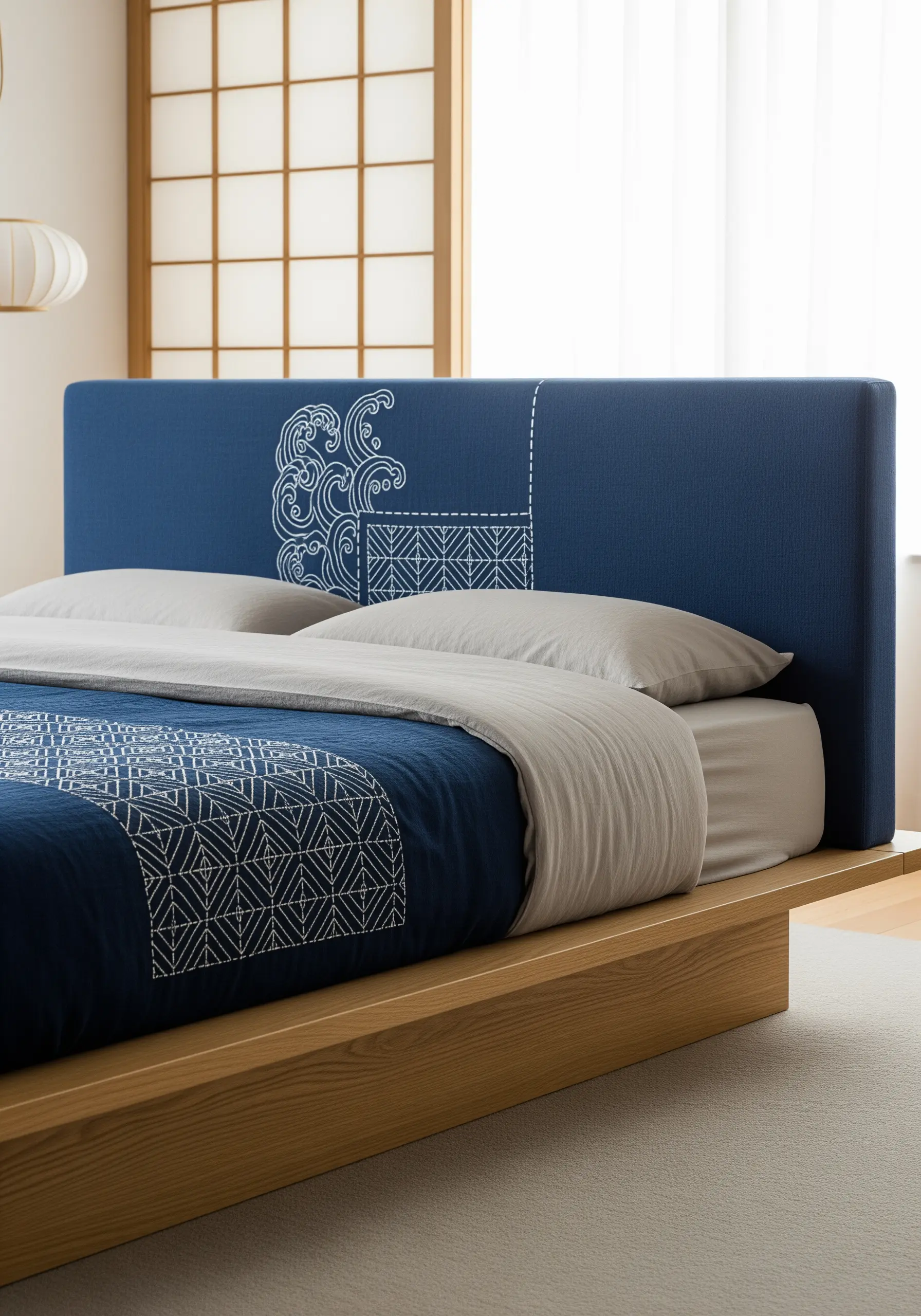 White Sashiko-inspired geometric and wave patterns stitched on a blue headboard.