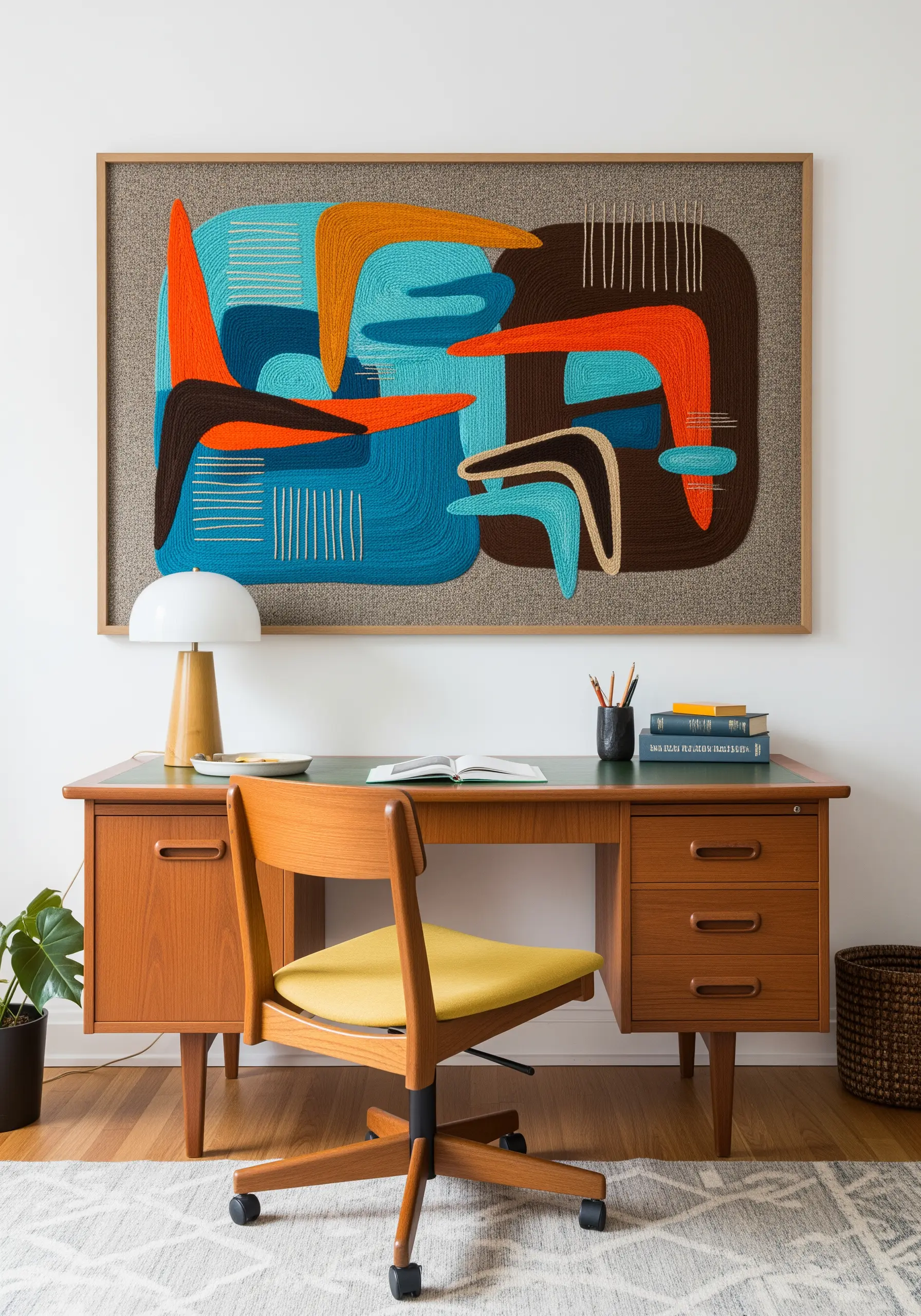Large framed mid-century modern abstract embroidery with thick yarn in teal, orange, and brown.