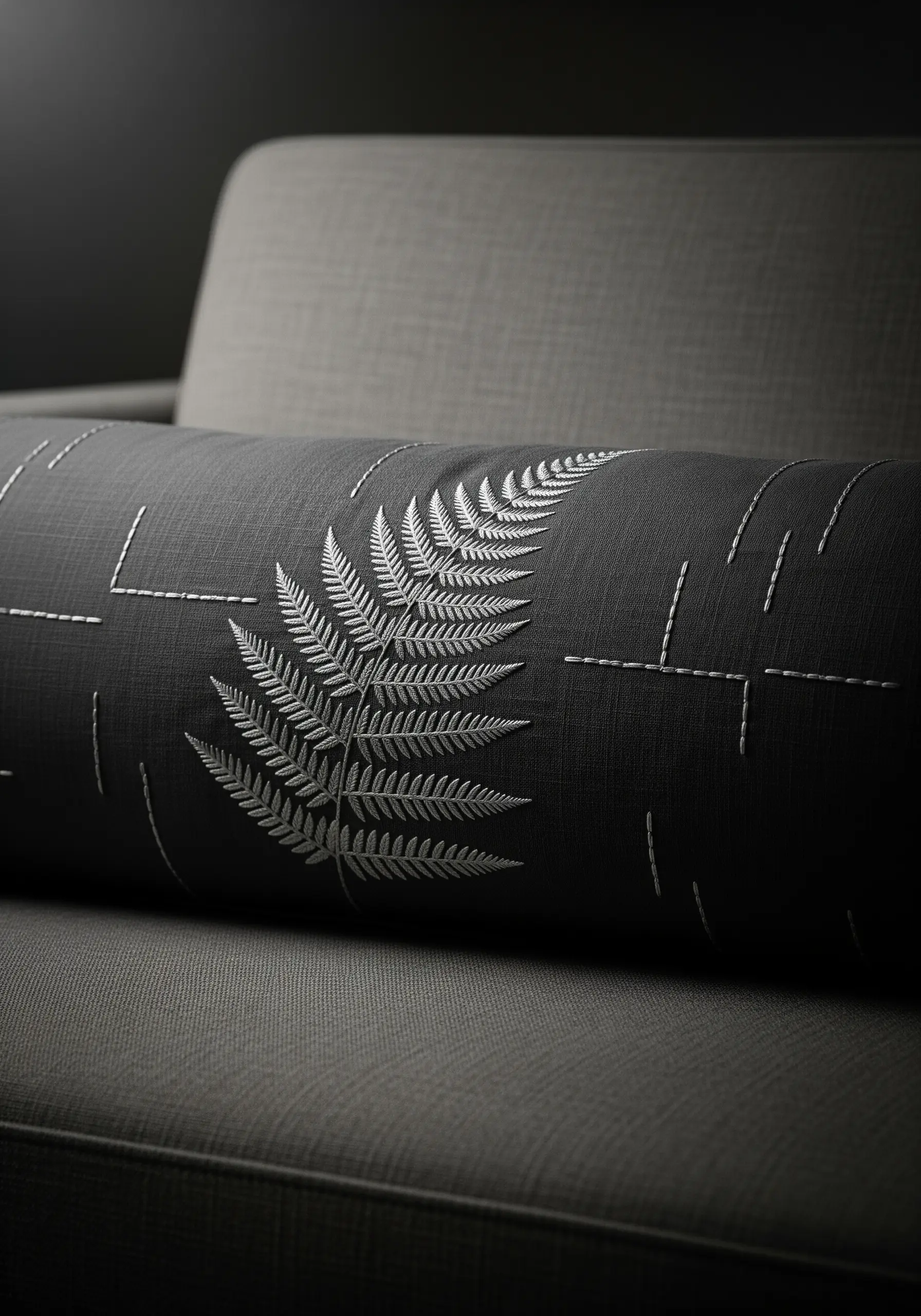 A close-up of a dark gray bolster pillow with a single white embroidered fern leaf.