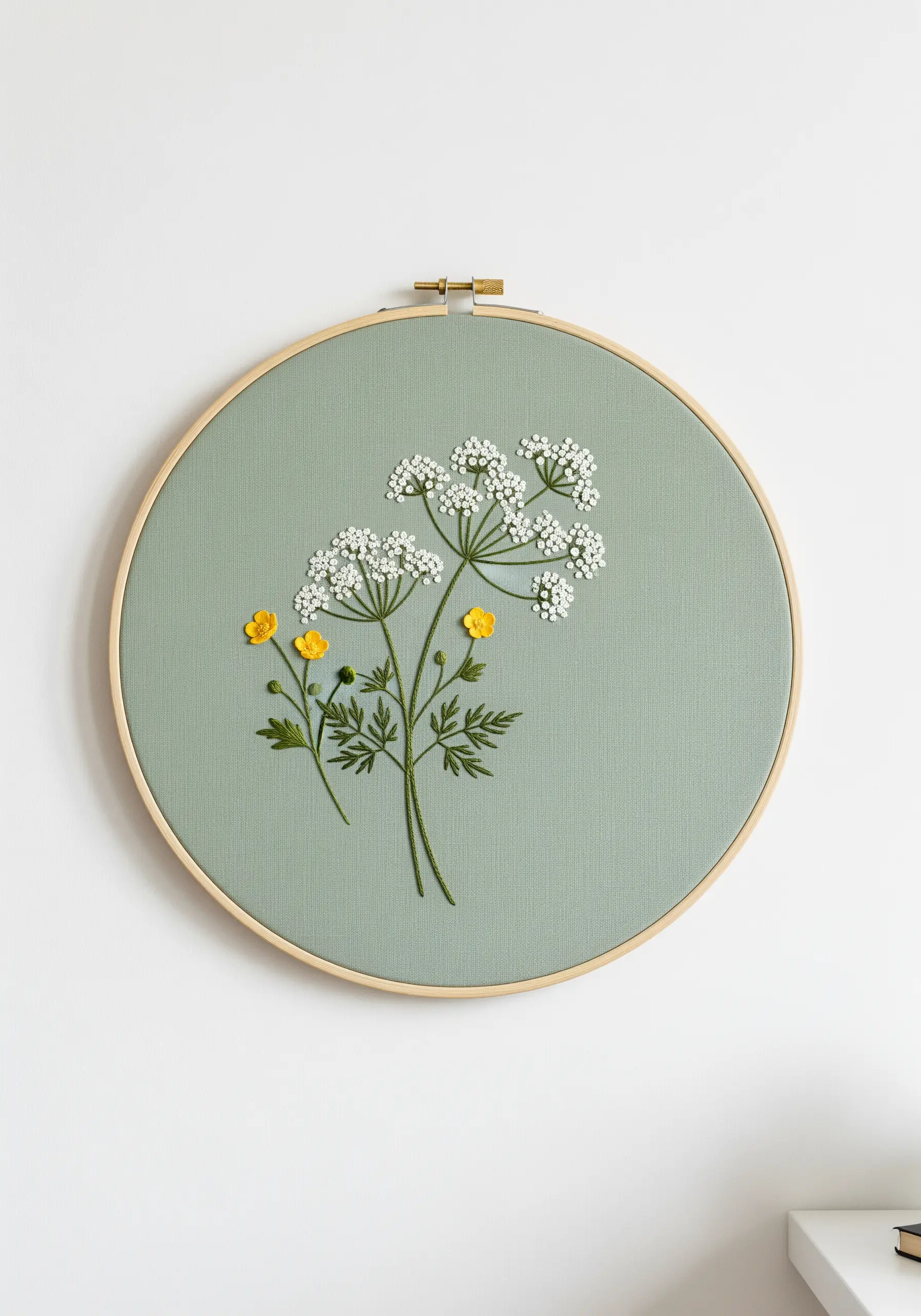 Minimalist embroidery of Queen Anne's lace and buttercups on a sage green background.
