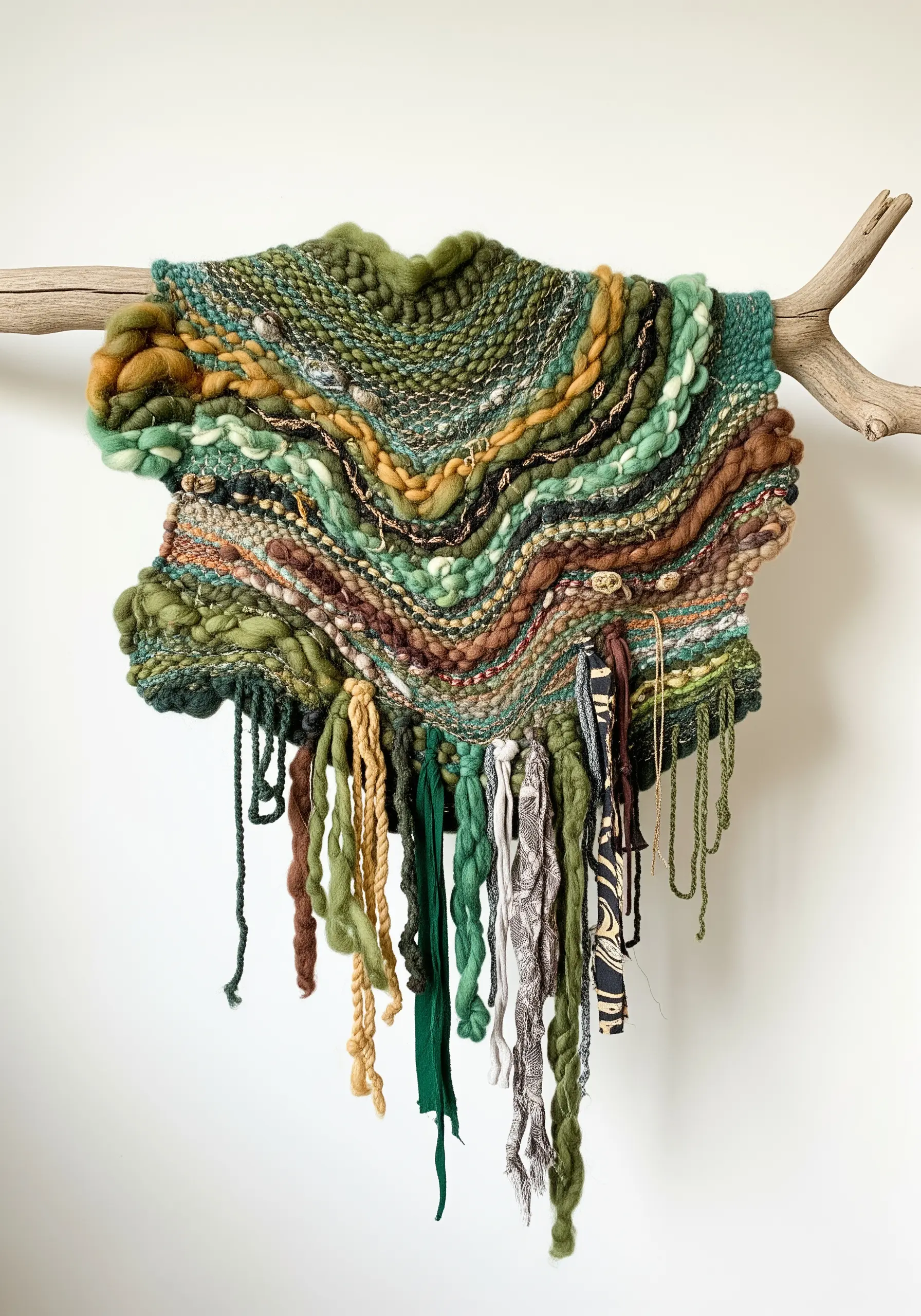 A freeform weaving on a curved branch with a rich mix of green and brown textured yarns.