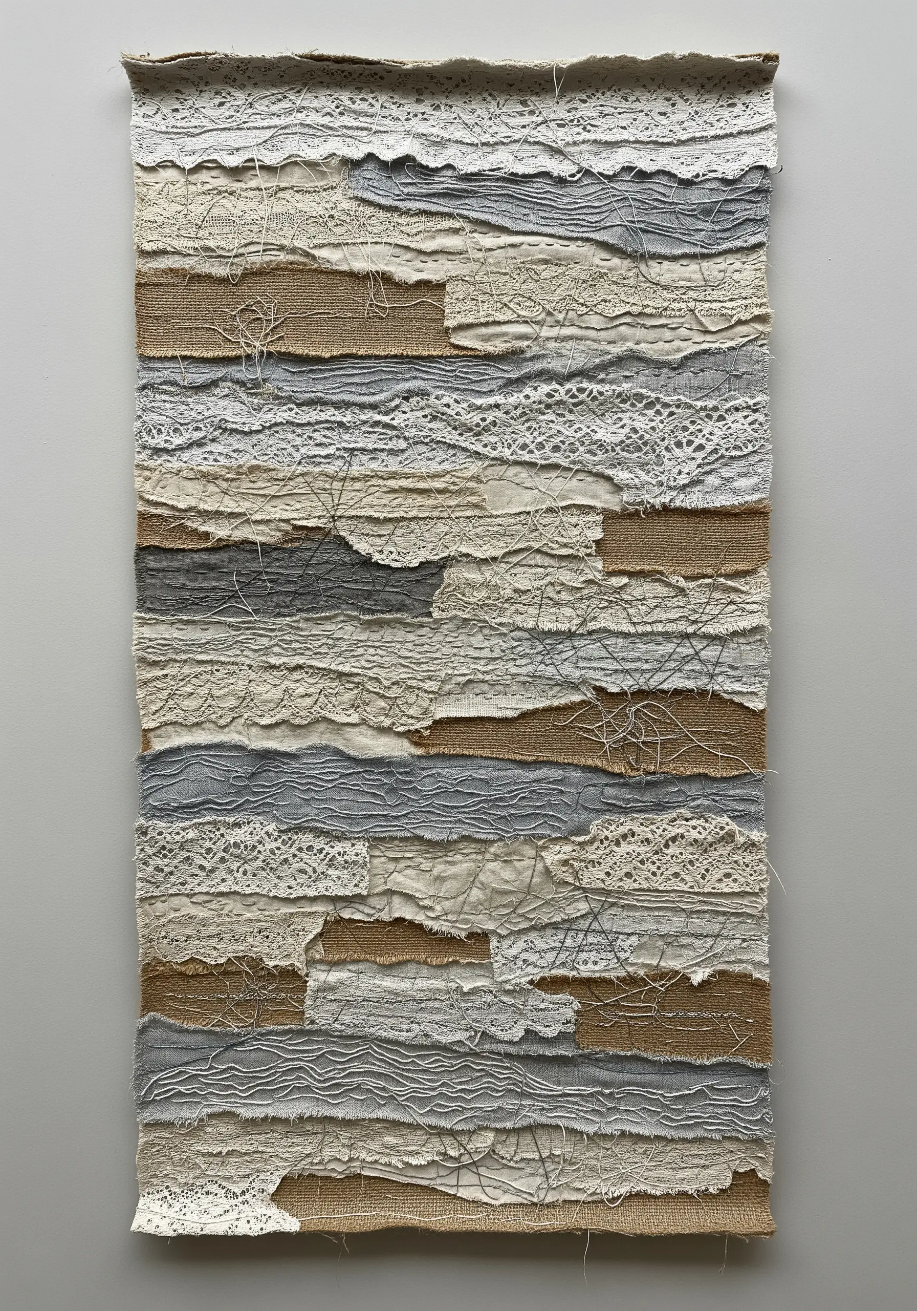 Textured fabric collage wall hanging with frayed edges