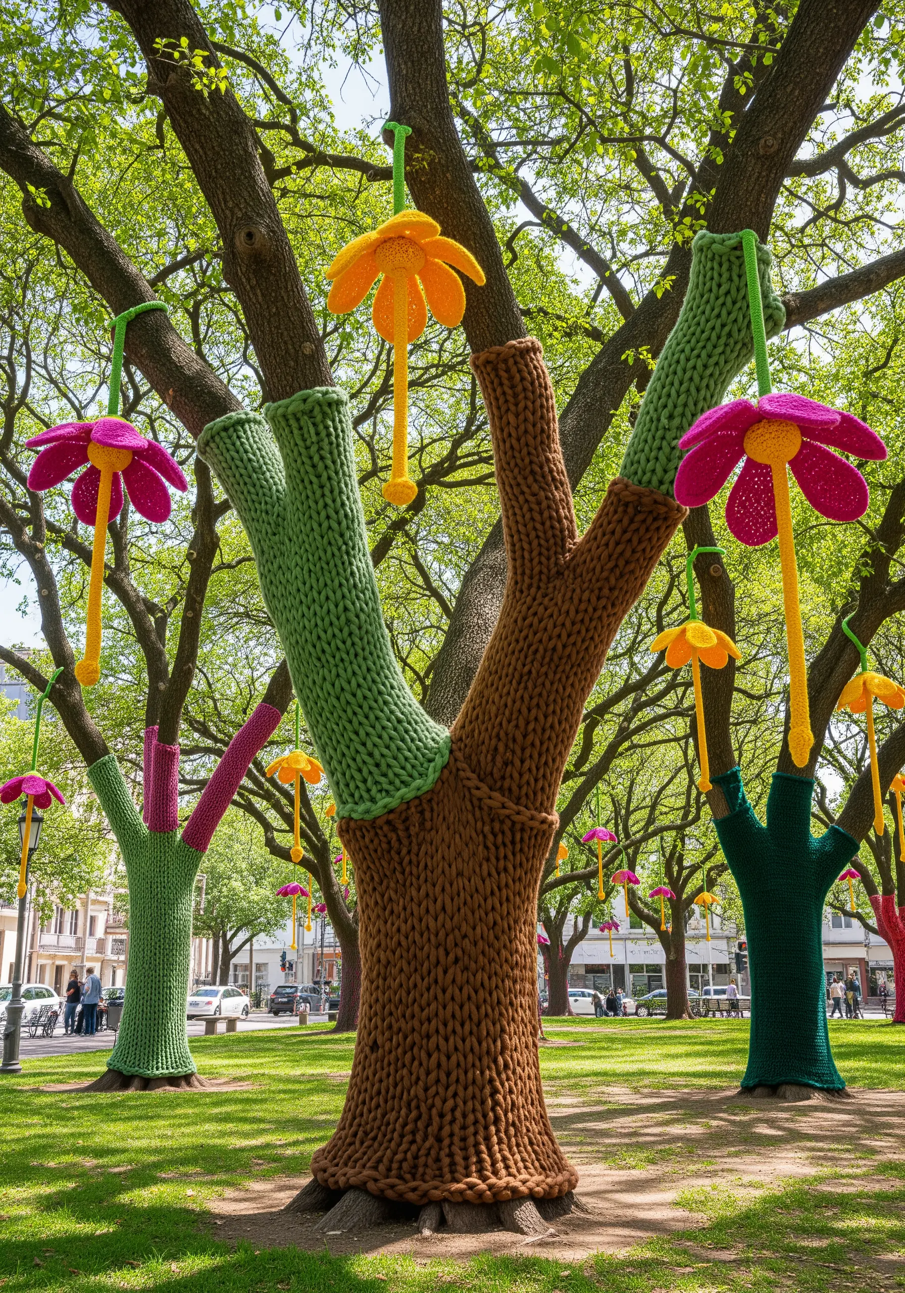 Tree trunks and branches wrapped in colorful, chunky-knit yarn sleeves.