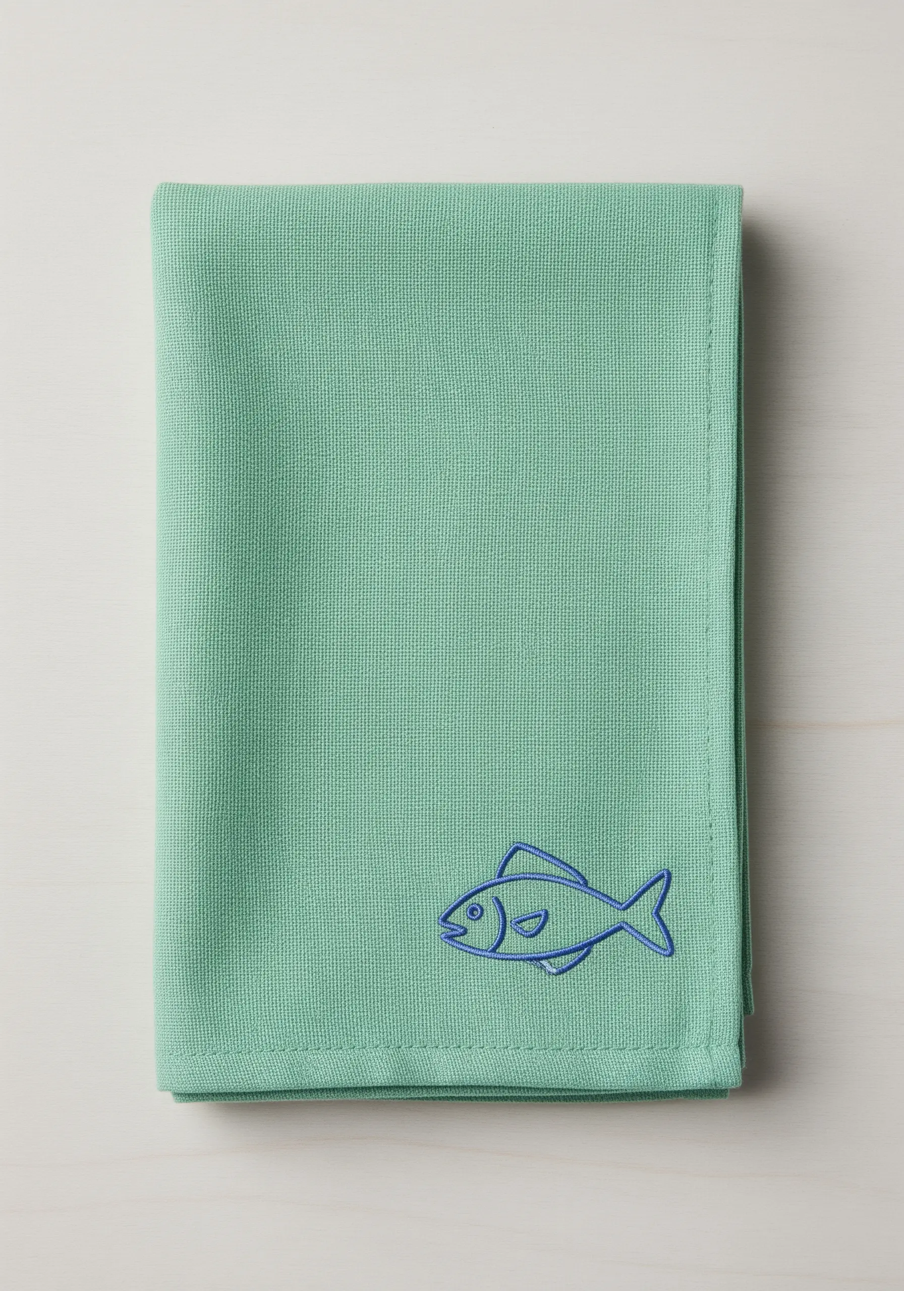 A minimalist two-tone blue outline of a fish embroidered on a seafoam green towel.