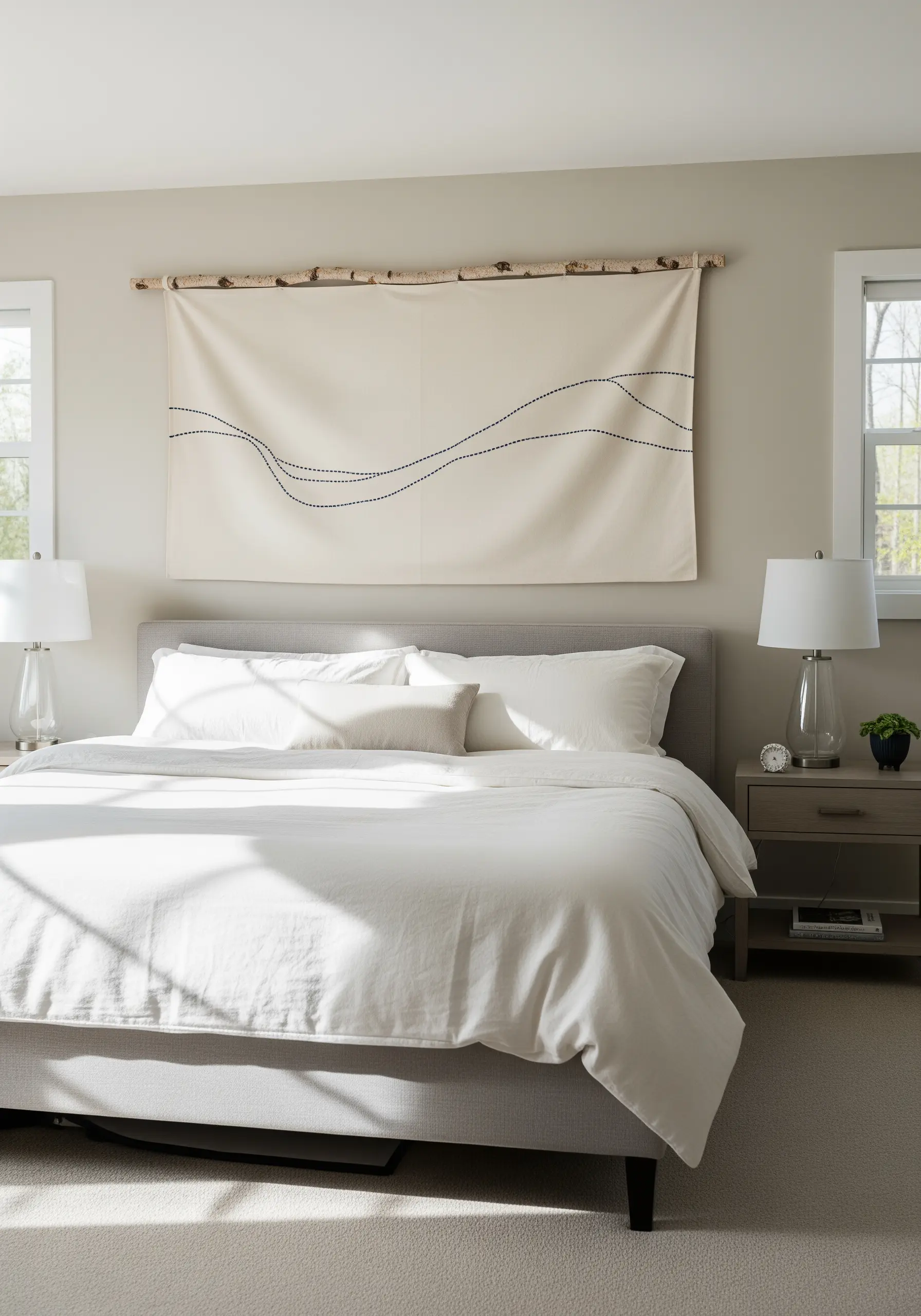 Large cream-colored wall banner with a simple, dark blue wavy running stitch line.