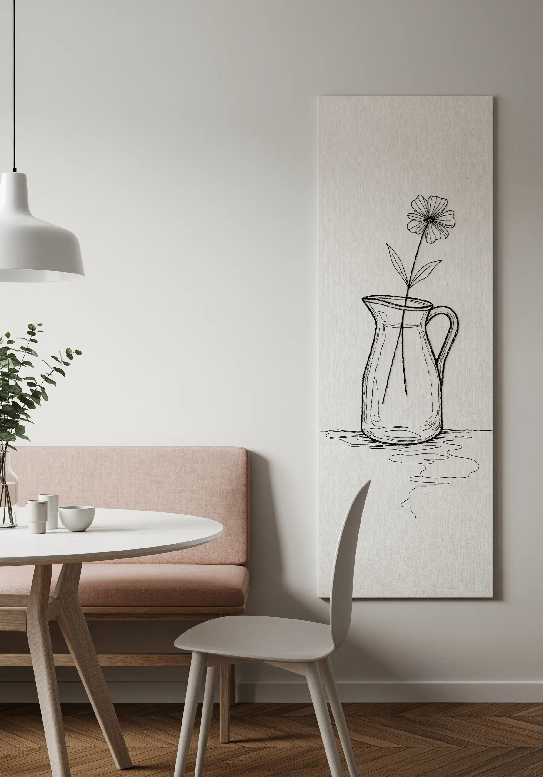 A tall canvas panel showing a minimalist line-art sketch of a flower in a glass pitcher.