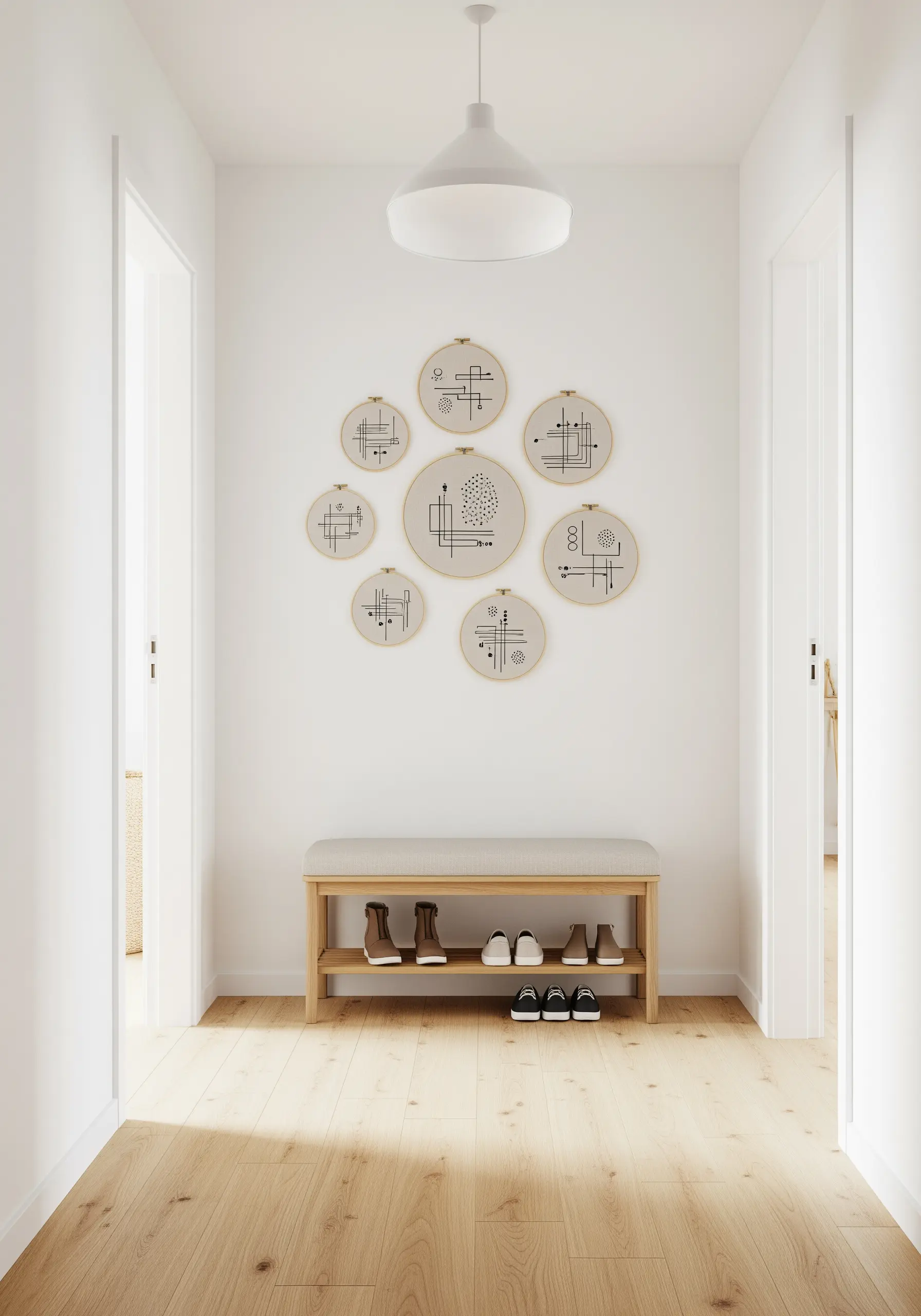 A gallery wall of small hoops with minimalist black line art on neutral fabric.