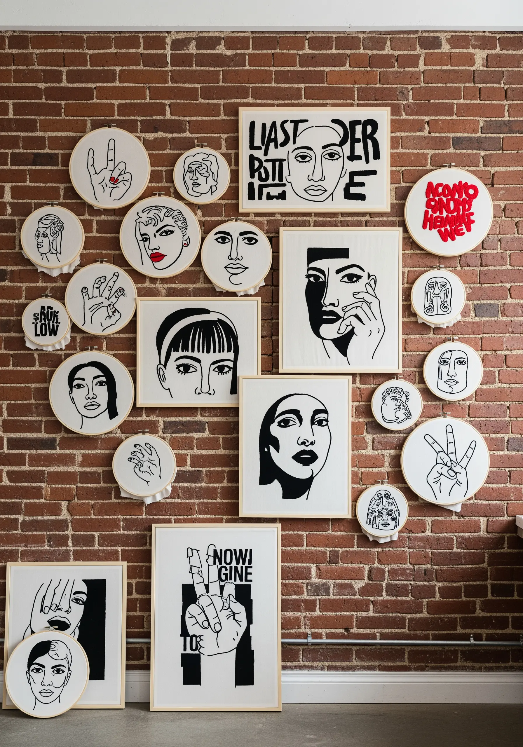 A gallery wall of black thread line art embroidery on white fabric.