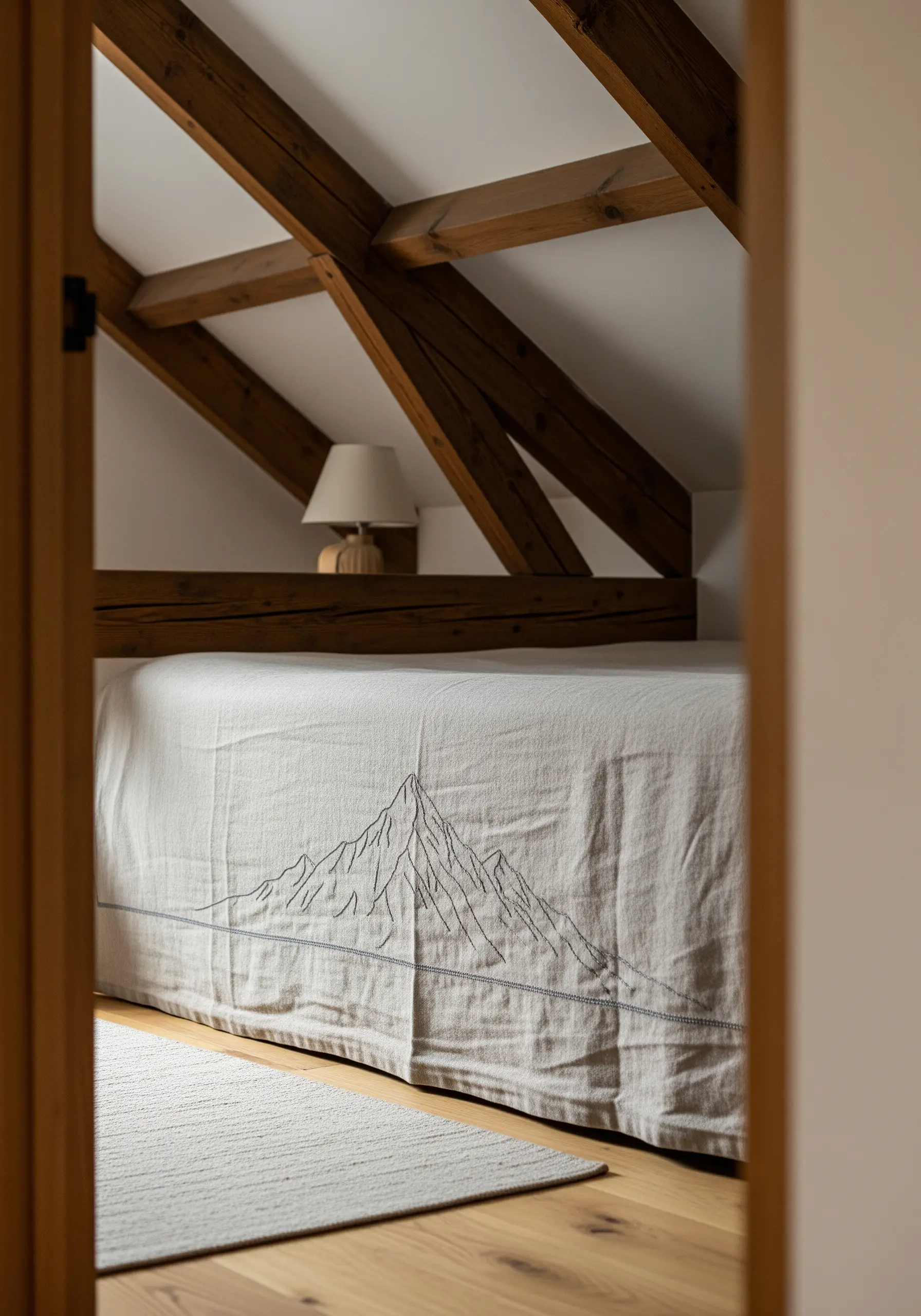 A minimalist line art mountain range stitched in black thread on a neutral linen bedspread.