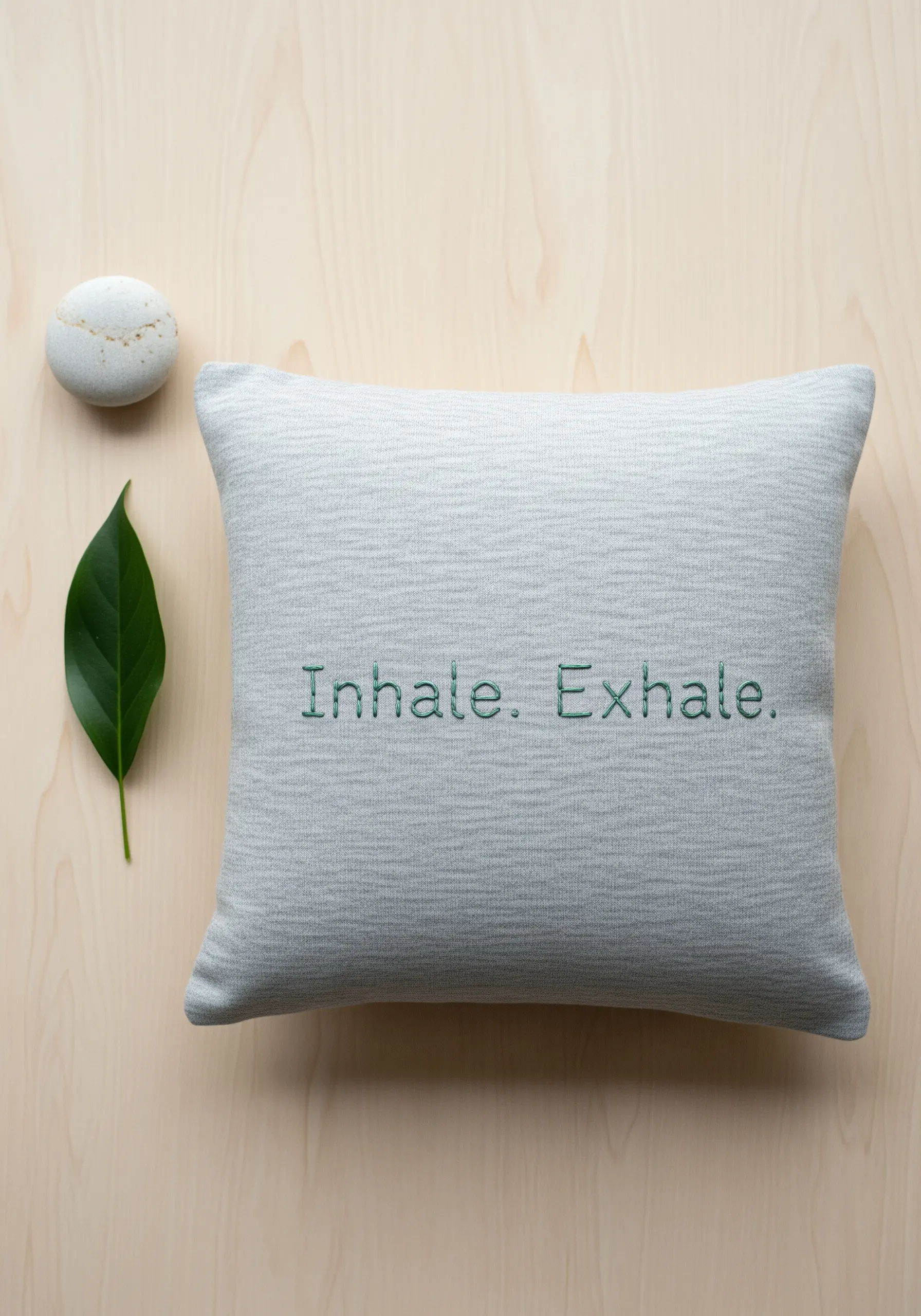Delicate, minimalist green backstitch quote on a light gray, textured pillow.