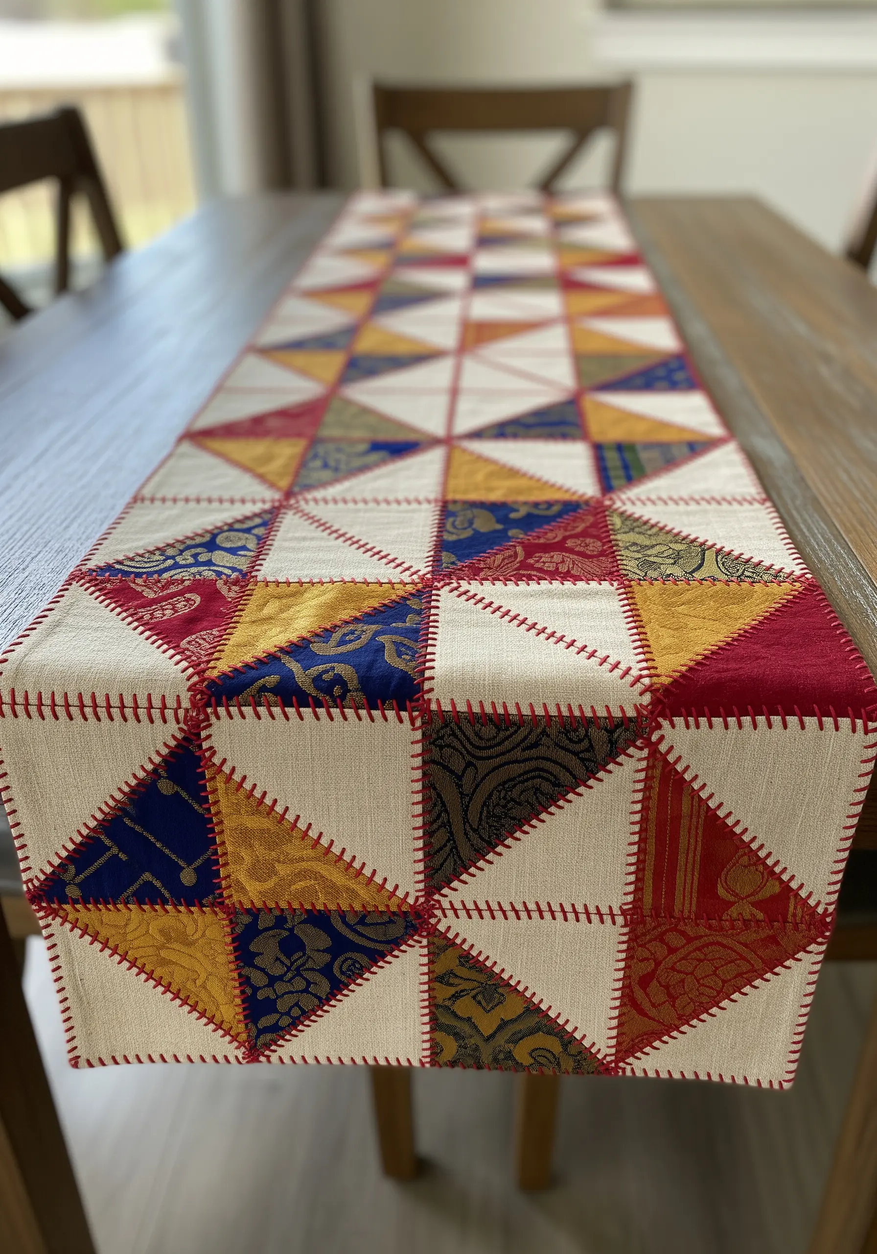 Patchwork table runner with colorful saree fabrics and visible red blanket stitching.