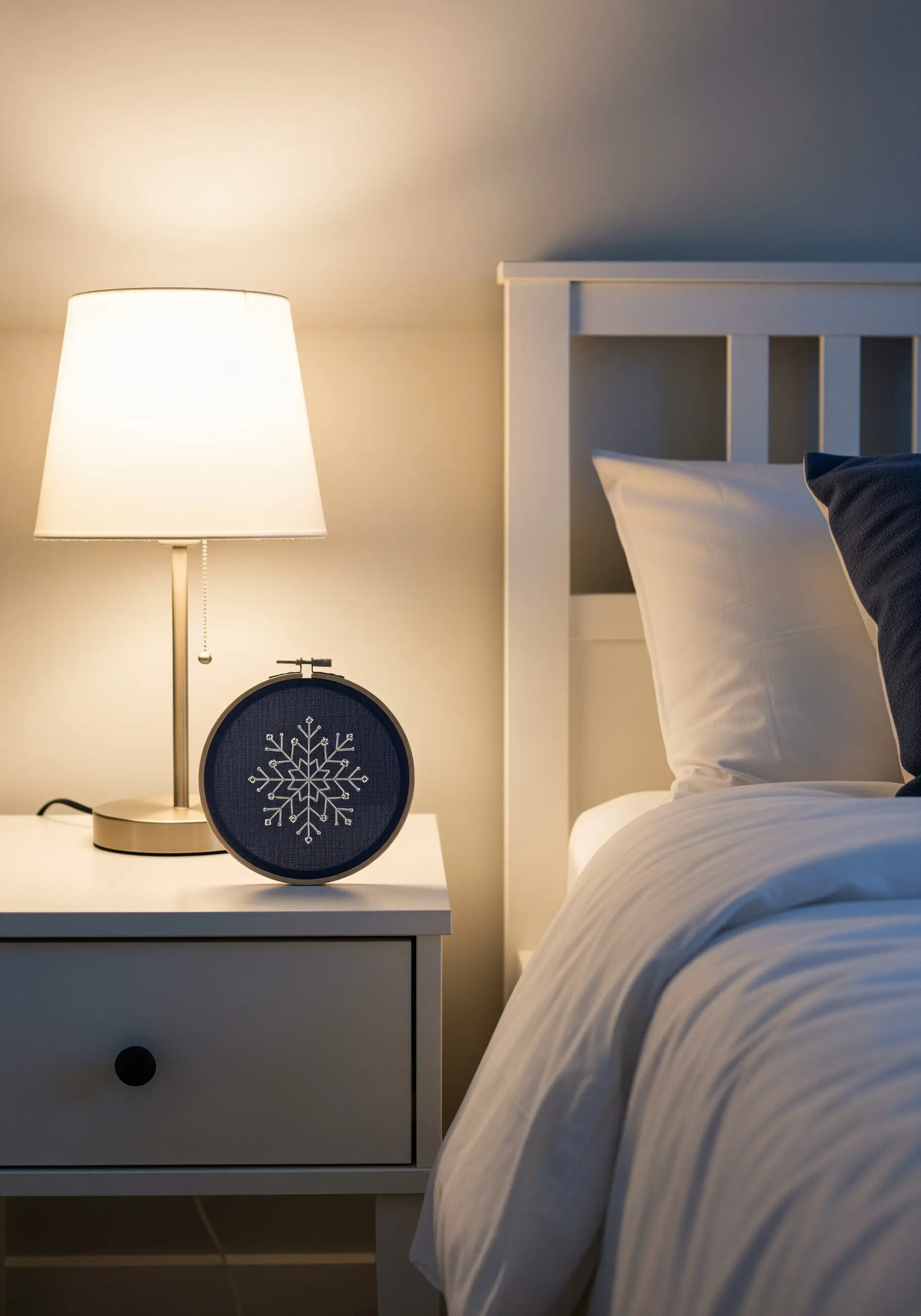 A minimalist white snowflake embroidered on dark blue fabric, sitting on a bedside table.