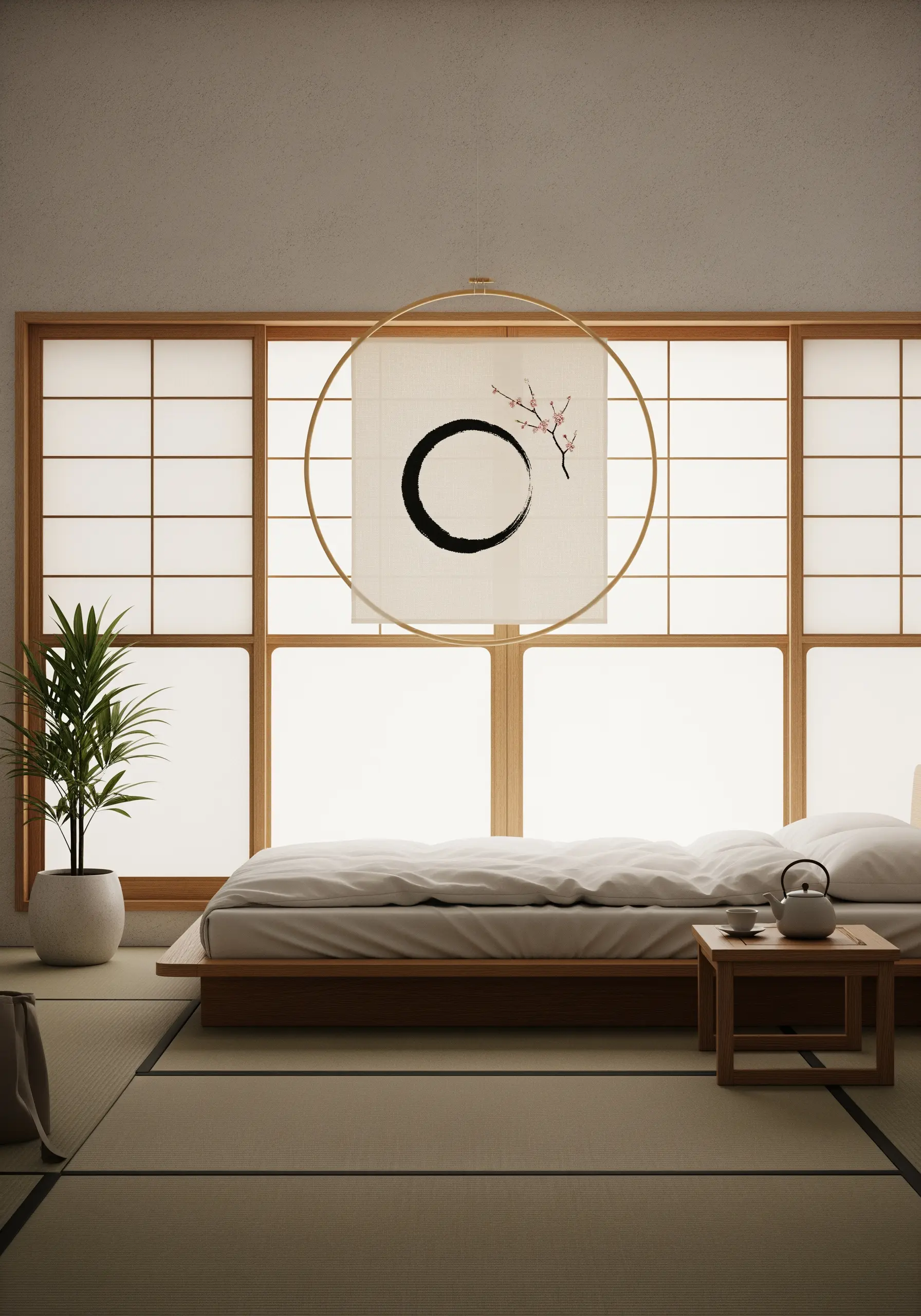 A minimalist embroidery of a black Japanese Ensō circle with a small cherry blossom branch.