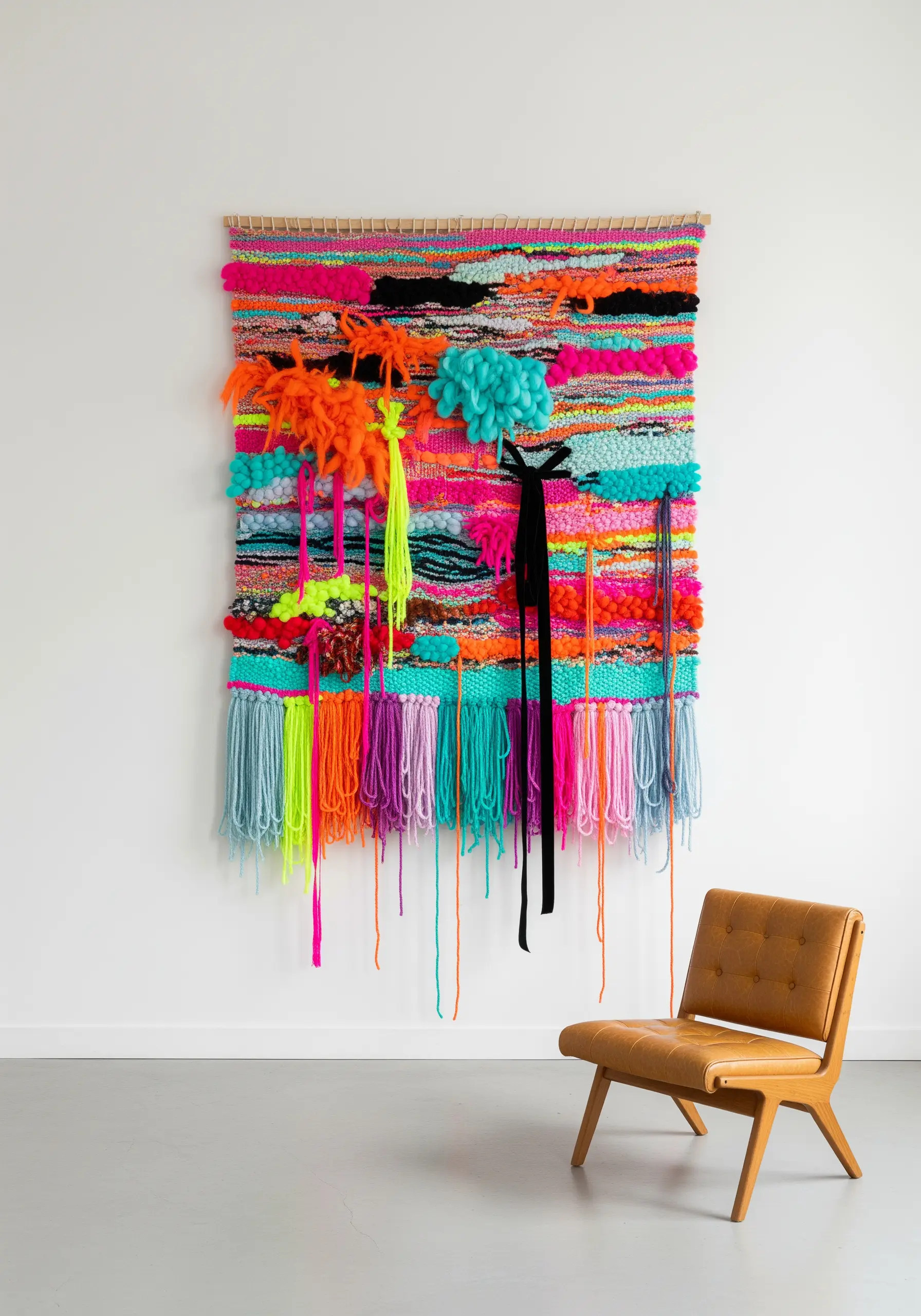 A vibrant and chaotic woven wall hanging with bright neon colors and mixed textures.