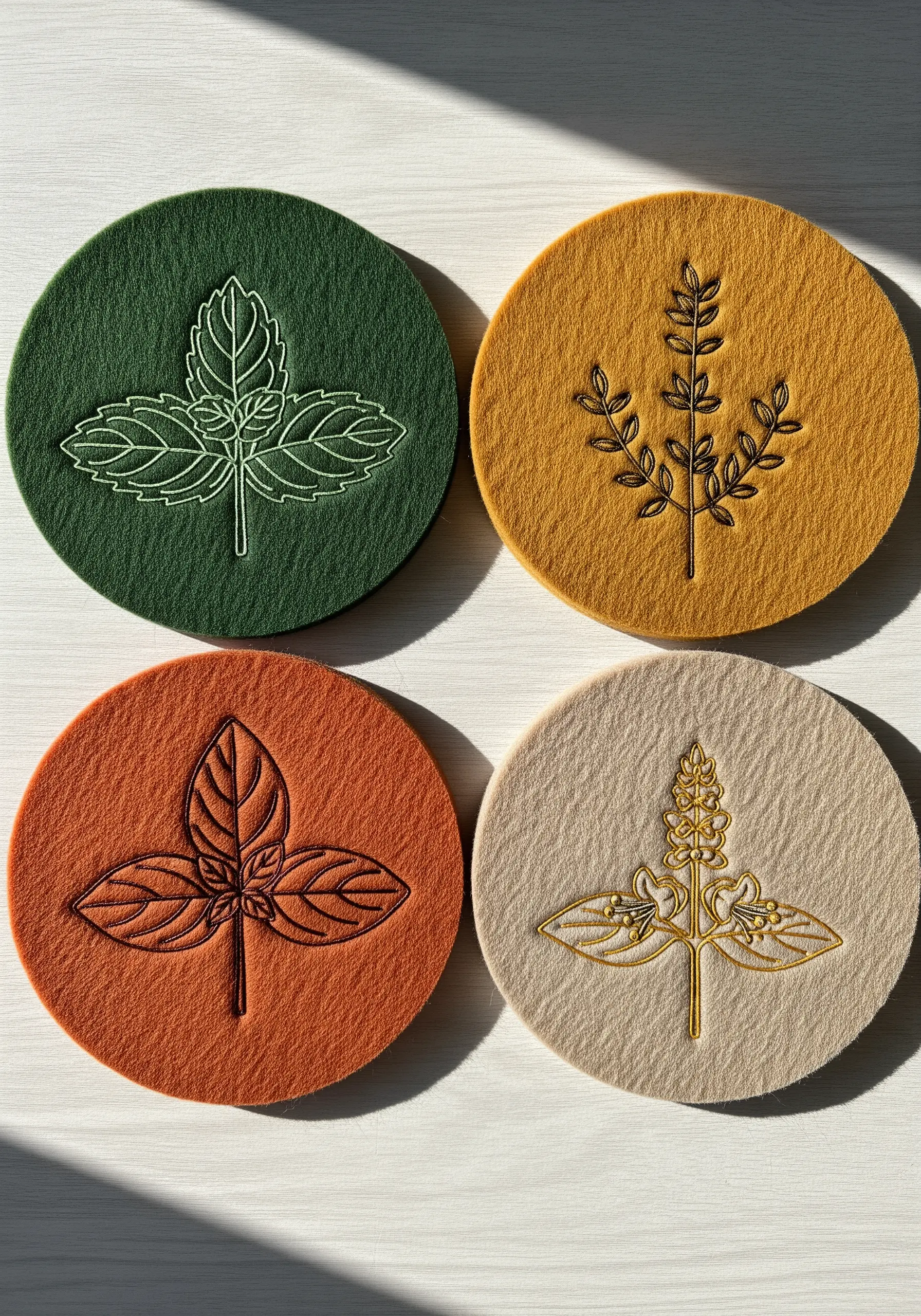 Minimalist single-line outlines of herbs embroidered on colorful round felt coasters.
