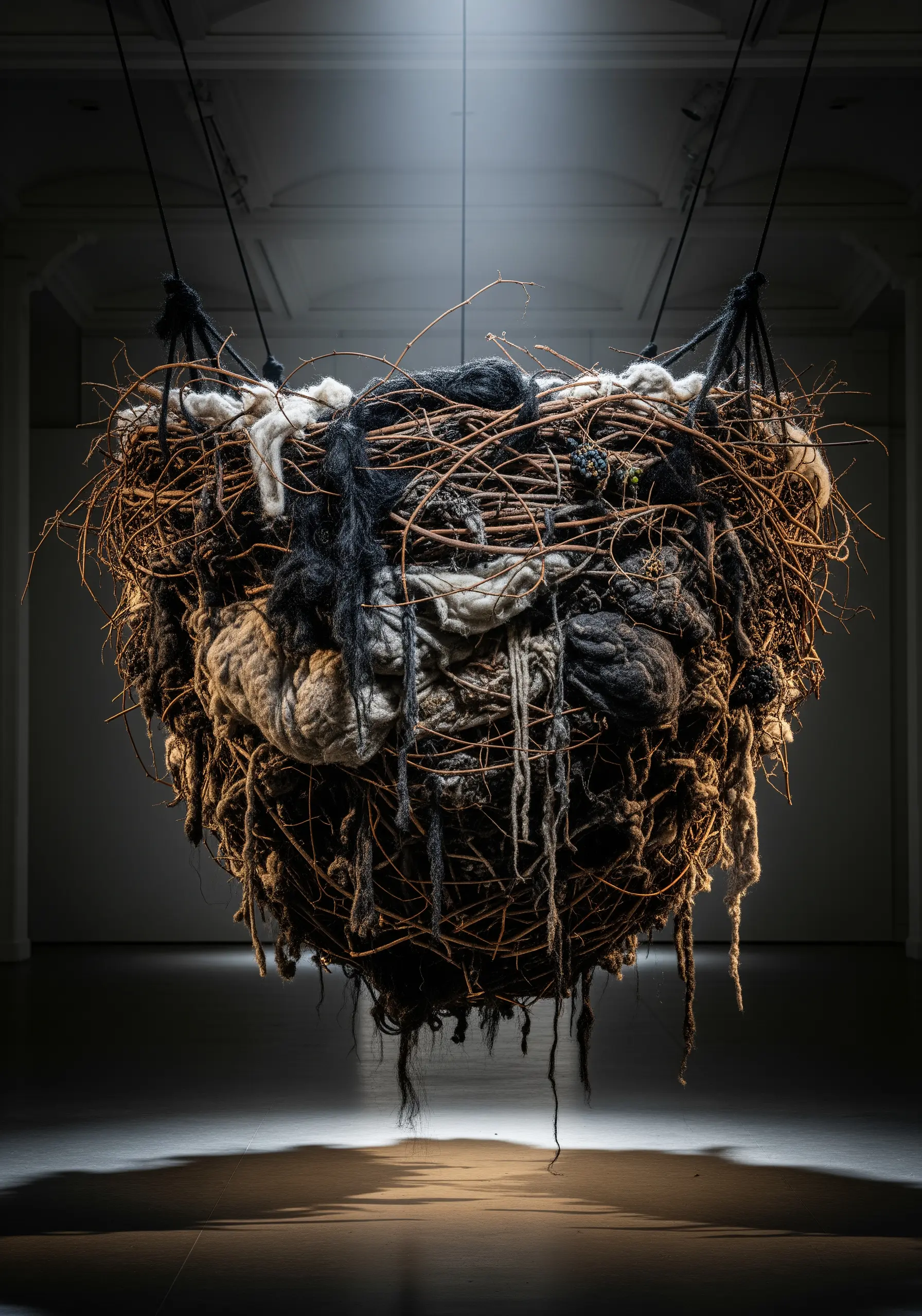 A large, nest-like sculpture of twigs, unspun wool, and dark yarns hanging in a gallery.
