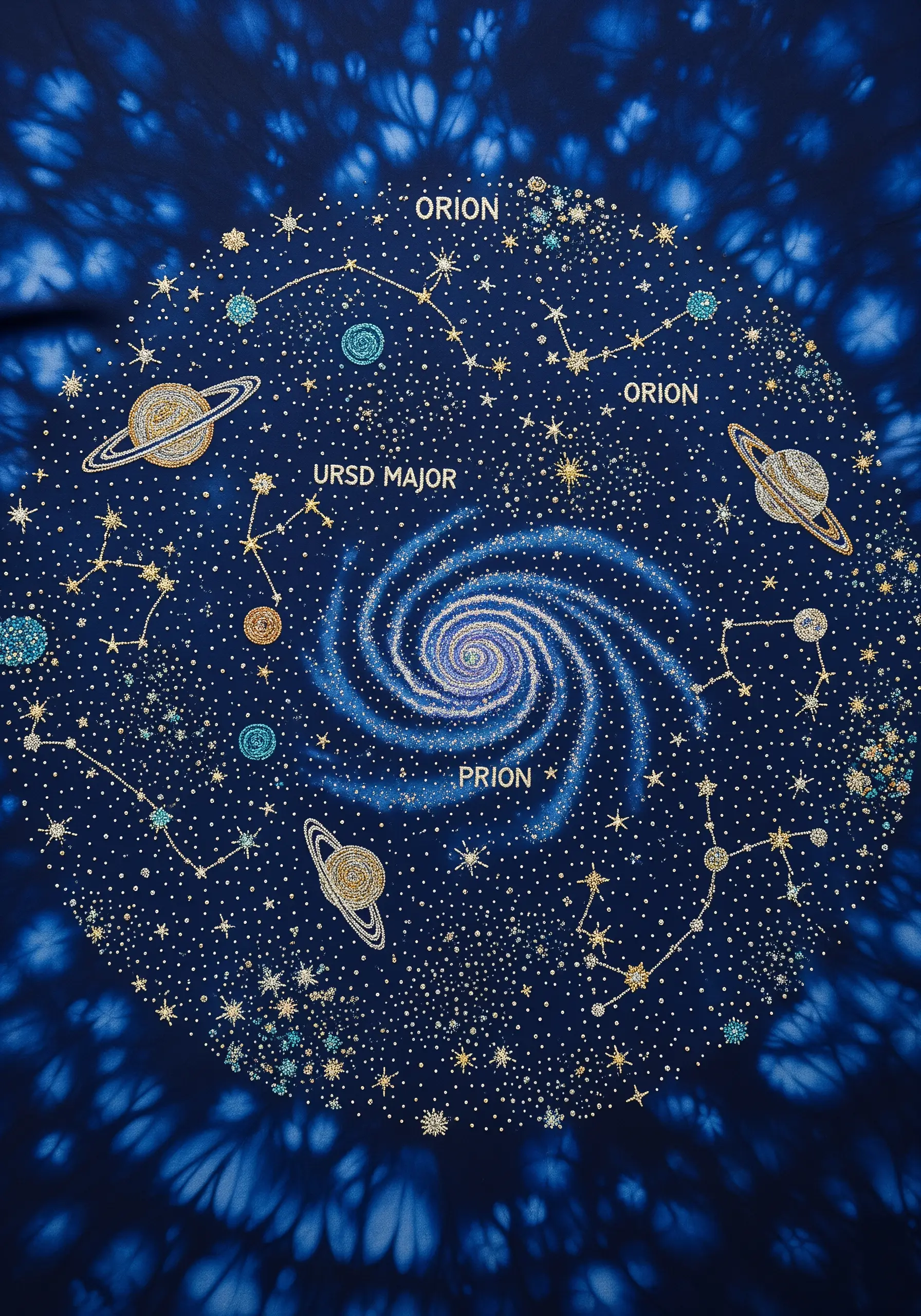 A circular tablecloth with tie-dye blue fabric, embroidered with constellations, planets, and a galaxy.
