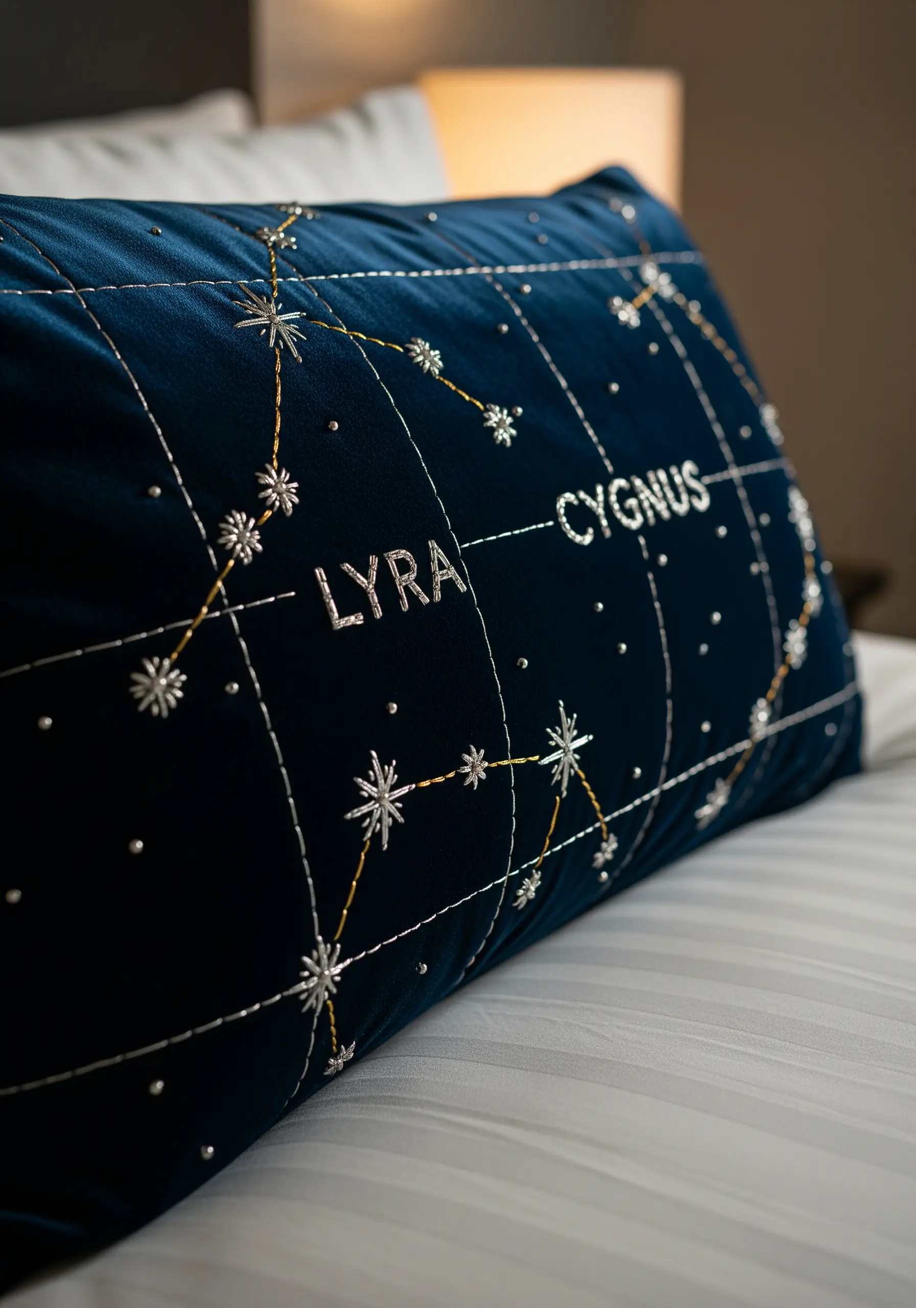 Embroidered constellation map with metallic thread and beads on a navy velvet pillow.