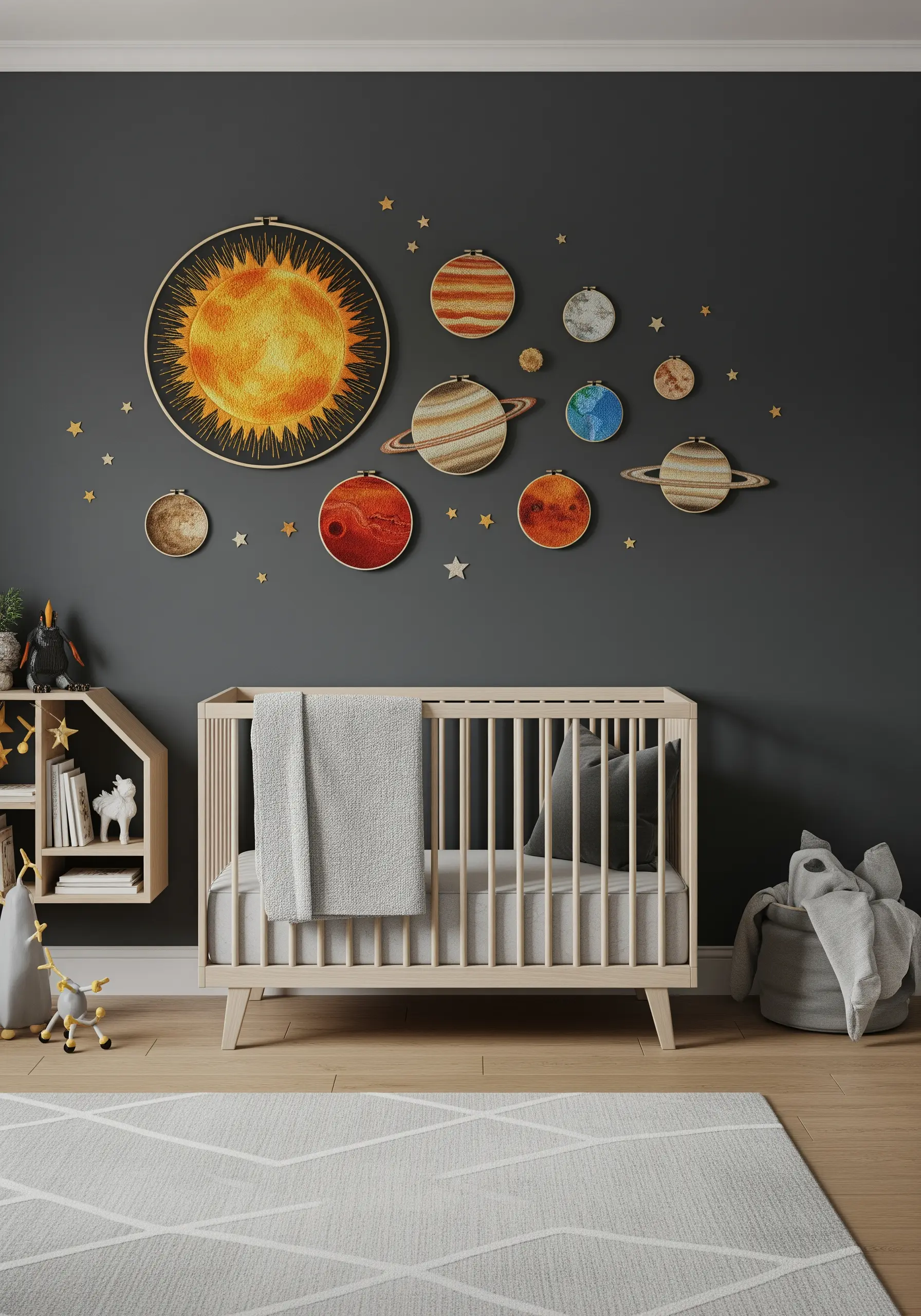 An embroidered solar system with planets and the sun stitched in multiple hoops.