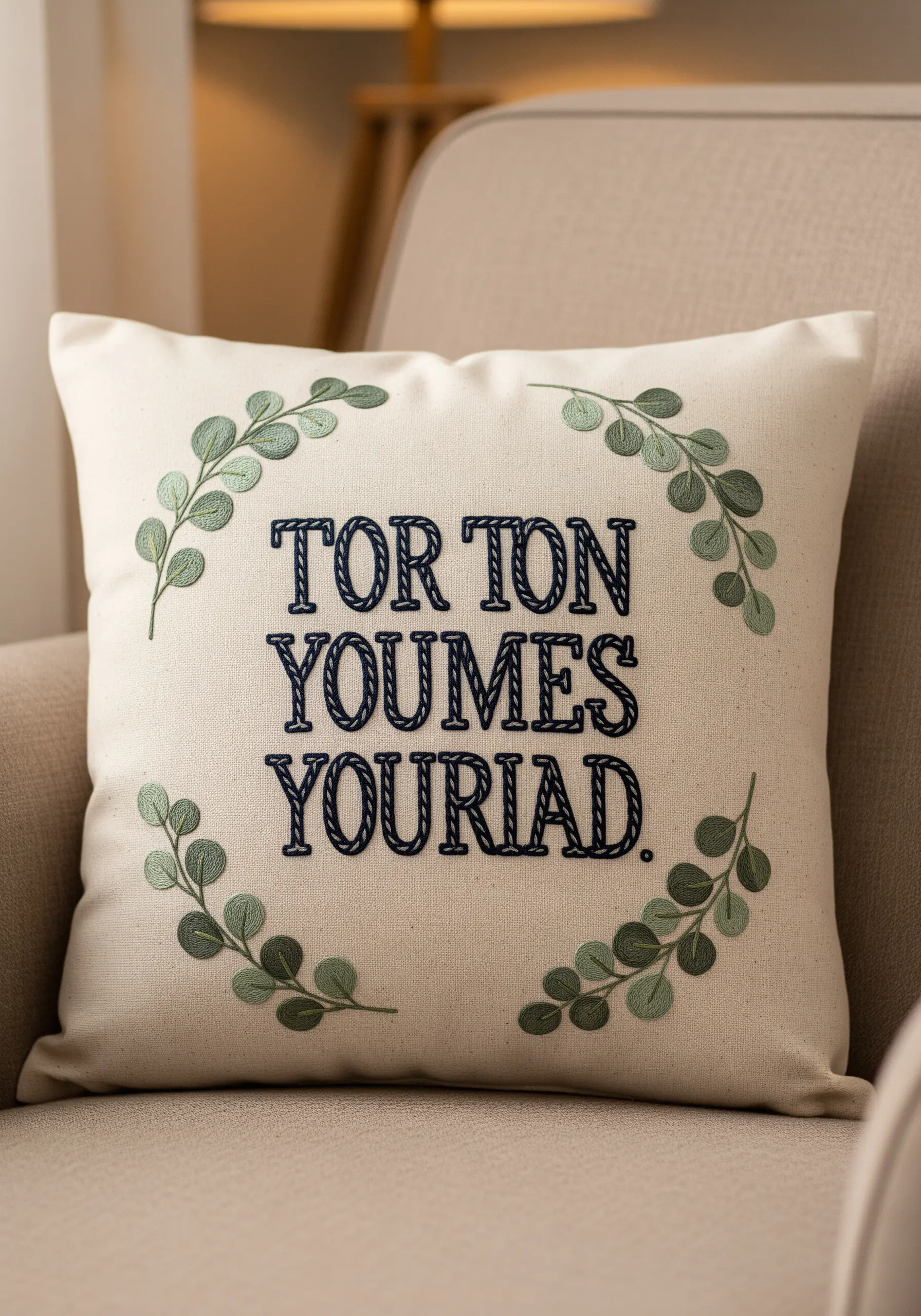 A neutral cushion embroidered with a dark blue quote, framed by a delicate green eucalyptus wreath.
