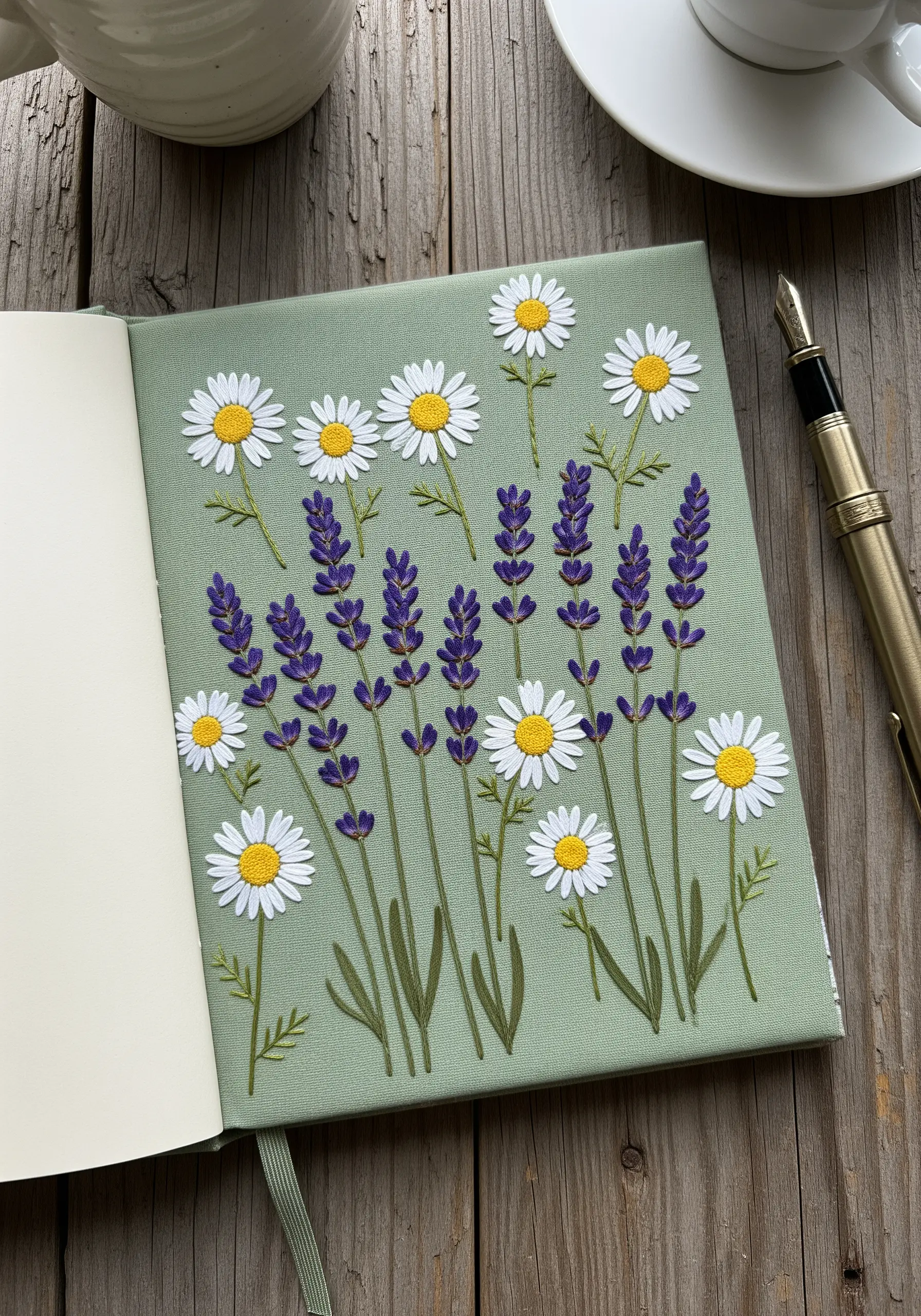 A sage green journal cover embroidered with a field of lavender and daisies.