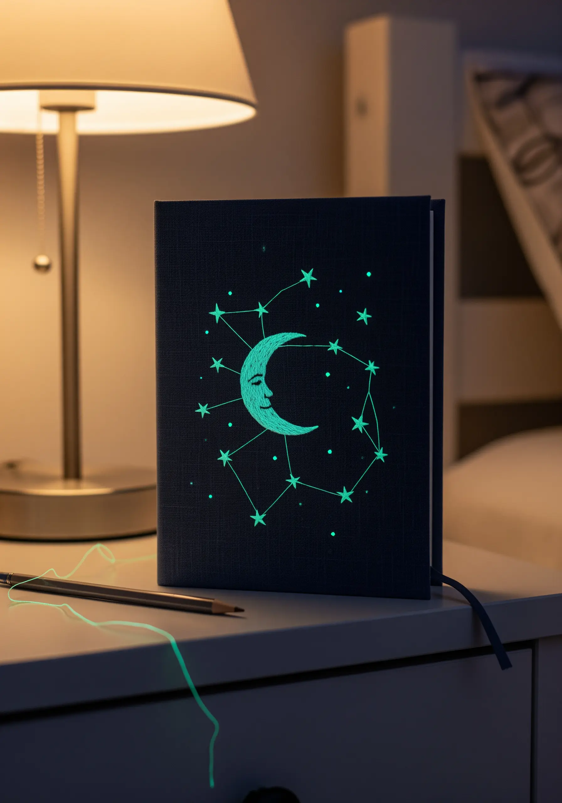 A dark blue journal on a nightstand, with an embroidered moon and constellation that glows in the dark.